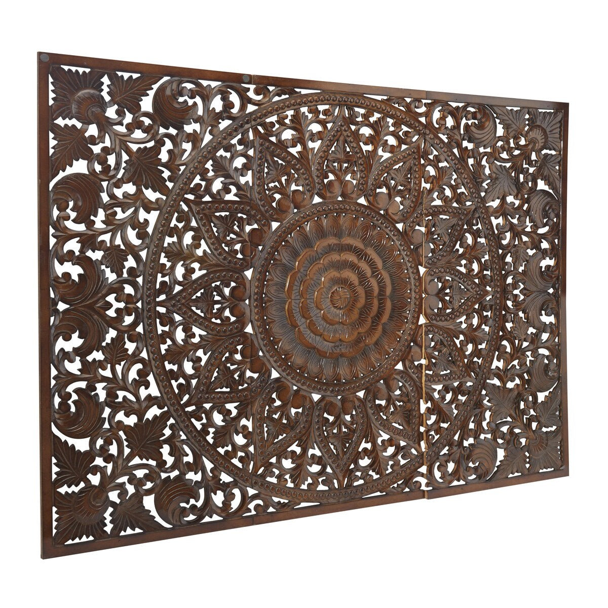 Wooden Floral Handmade Intricately Carved Home Wall Decor with Mandala Design - Set of 3 Brown - Roche River Decor