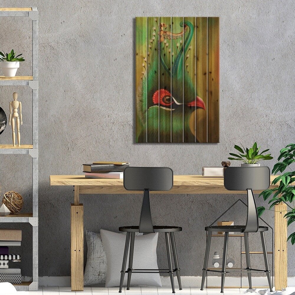 A Bird With An Irish Harp Print On Wood by Anna Shabalova - Multi-Color