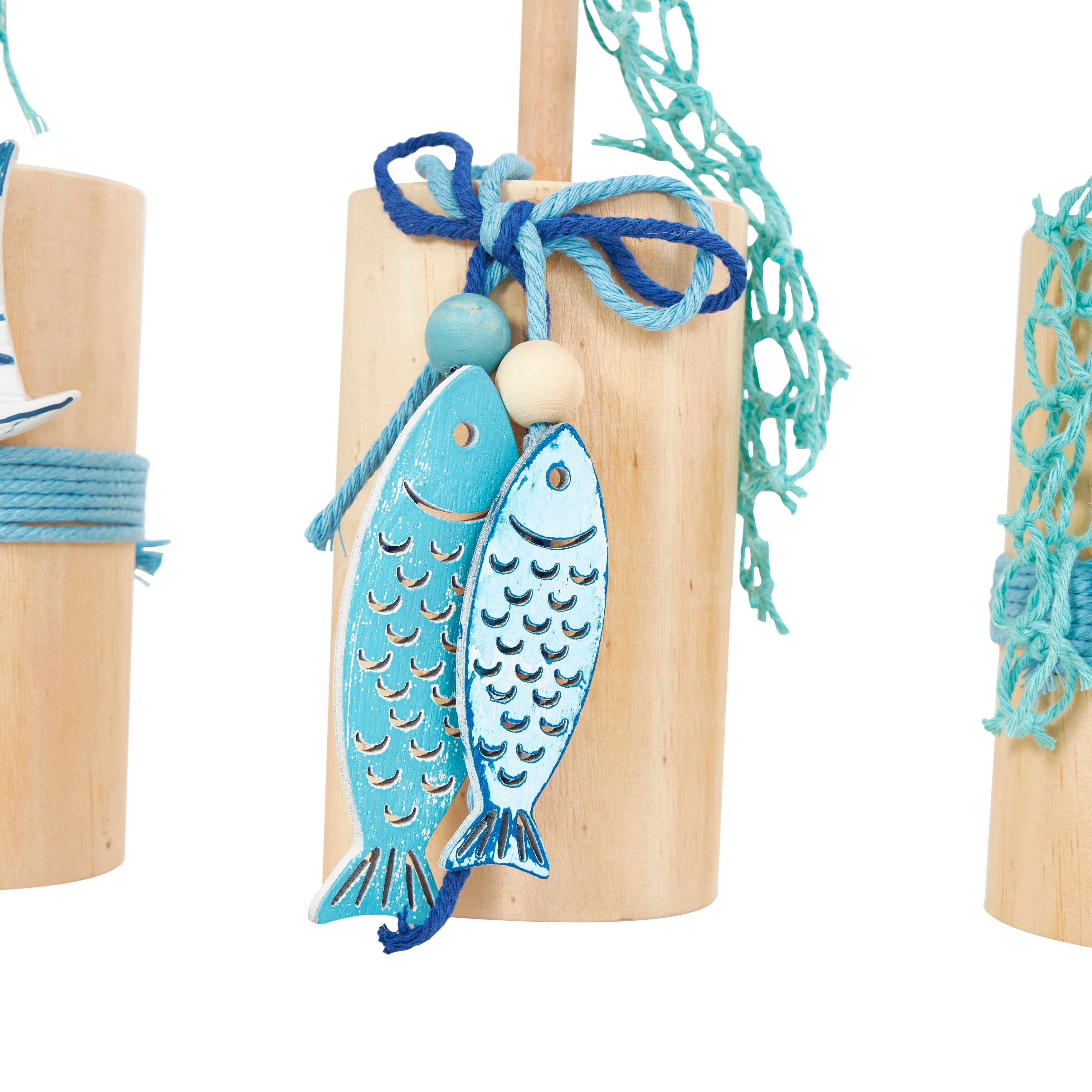 Blue Ceramic Handmade Ombre Sea Life Decorative Sculpture with Cylinder Block Bases and Netting Accents (Set of 3)