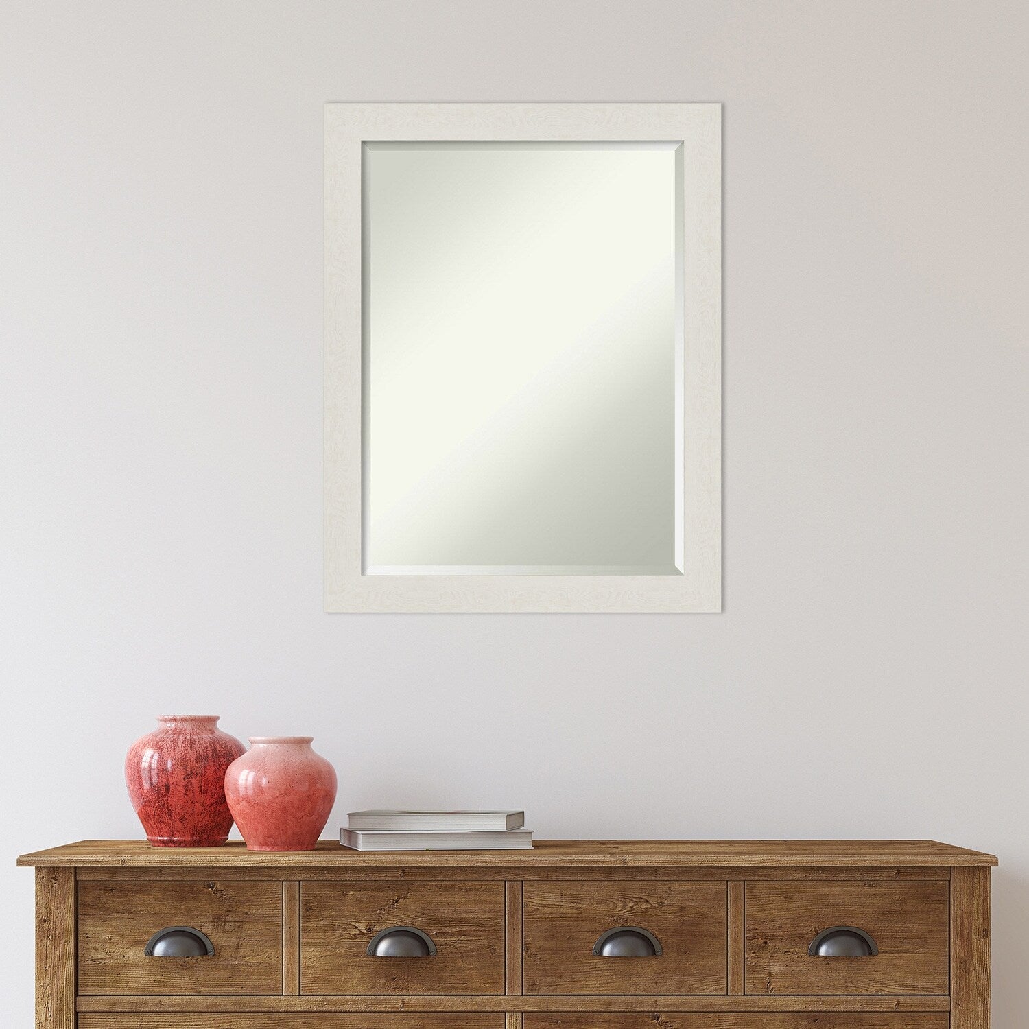 Beveled Bathroom Wall Mirror - Rustic Plank White Narrow Frame