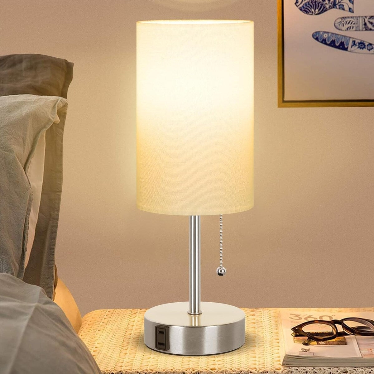 Table Lamp for Bedroom, 3-Color Bedside Lamps with Pull Chain, Bedroom Table Lamps for Nightstand, Bulb Included