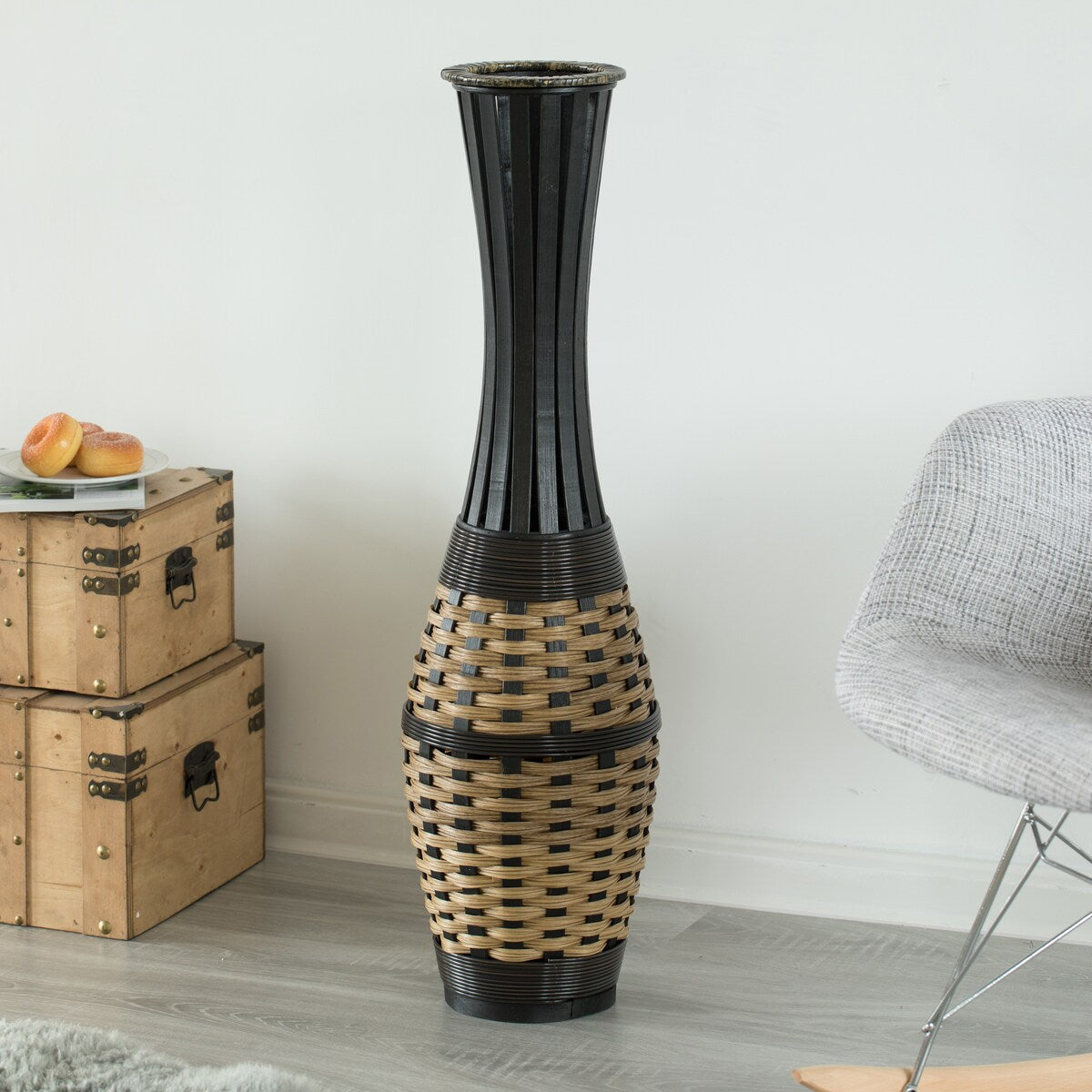 Antique Brown 34-inch-tall Trumpet Style Floor Vase - Versatile Entryway or Living Room, or Bedroom Decor with Bamboo Rope