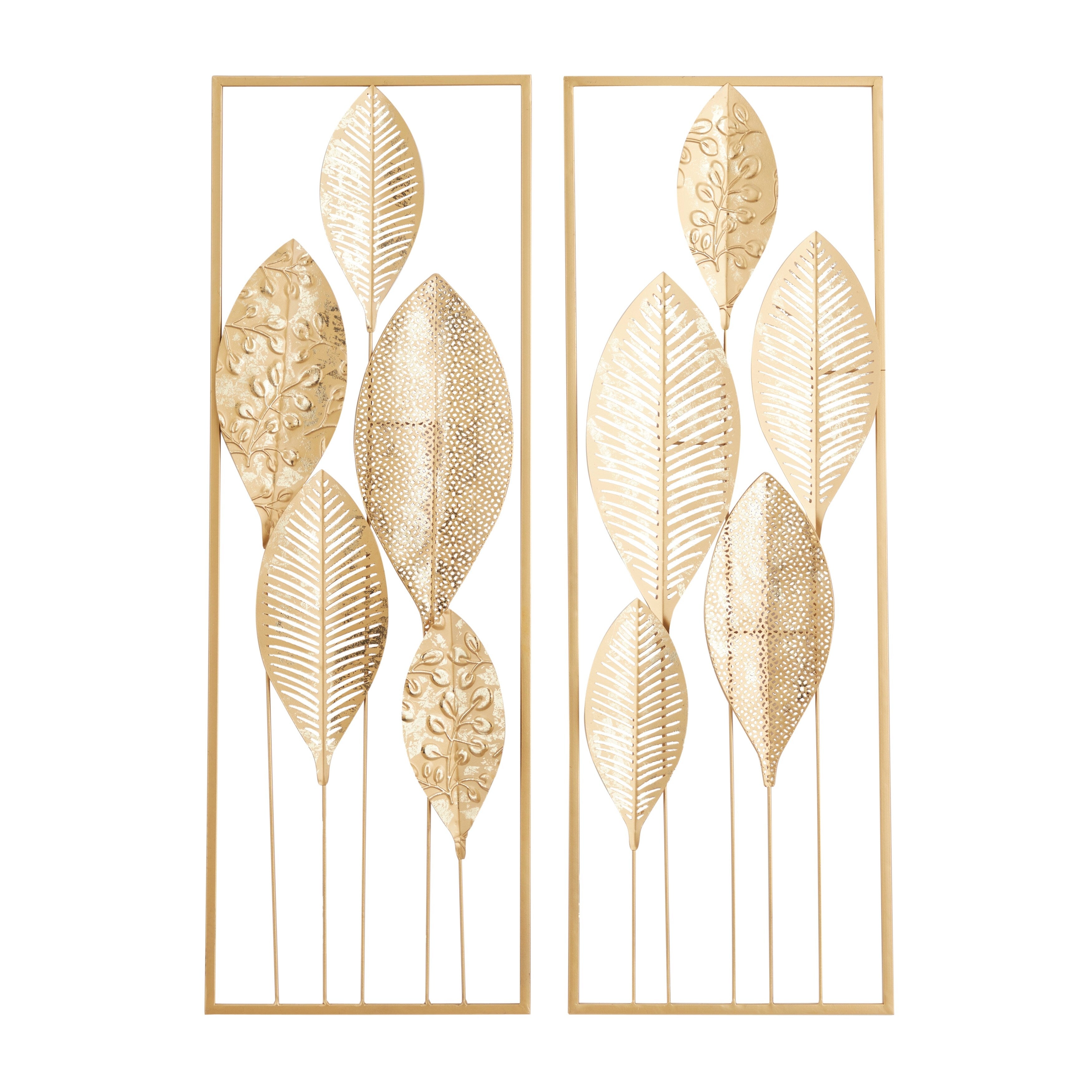 CosmoLiving by Cosmopolitan Gold Metal Tall Cut-Out Leaf Wall Decor with Gold Frame (Set of 2)