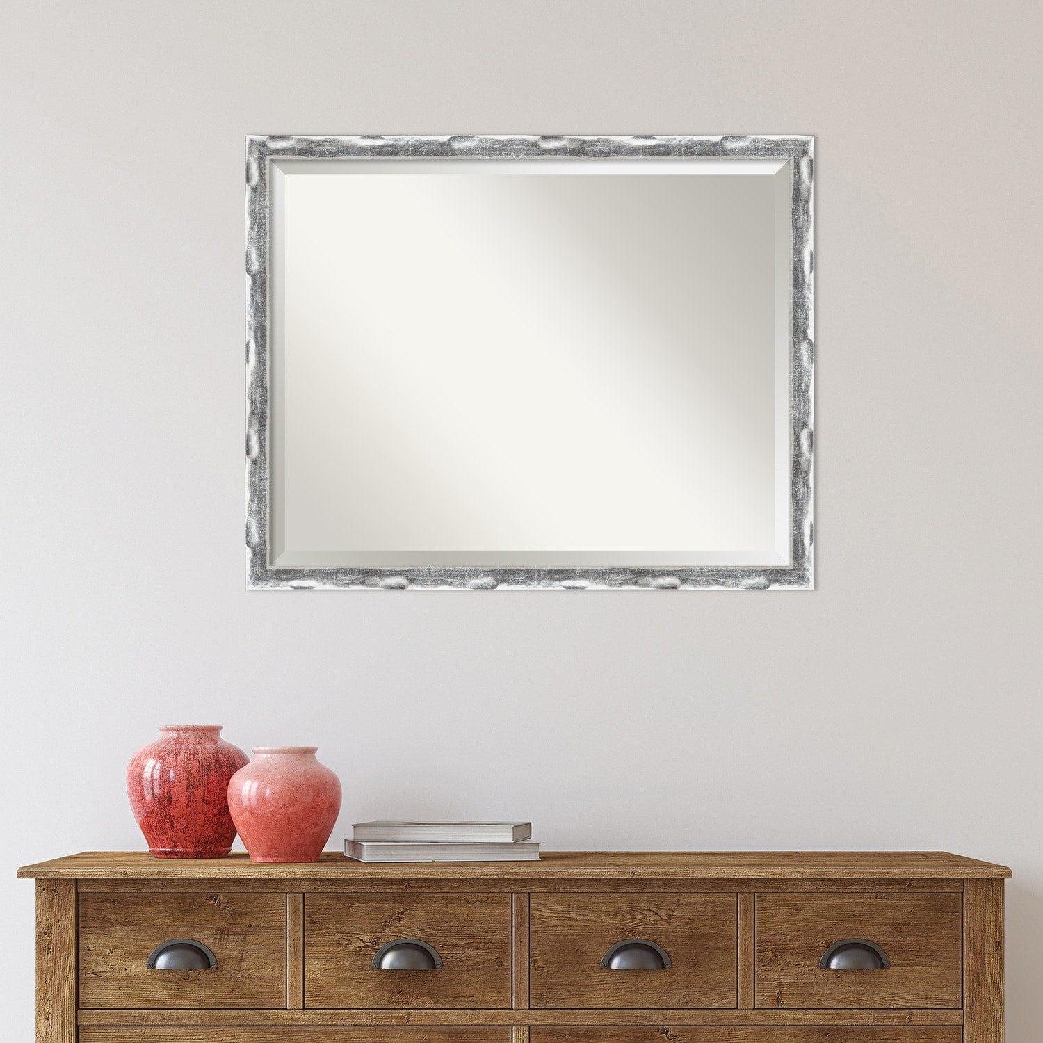 Beveled Bathroom Wall Mirror - Scratched Wave Chrome Frame - Scratched Wave Chrome