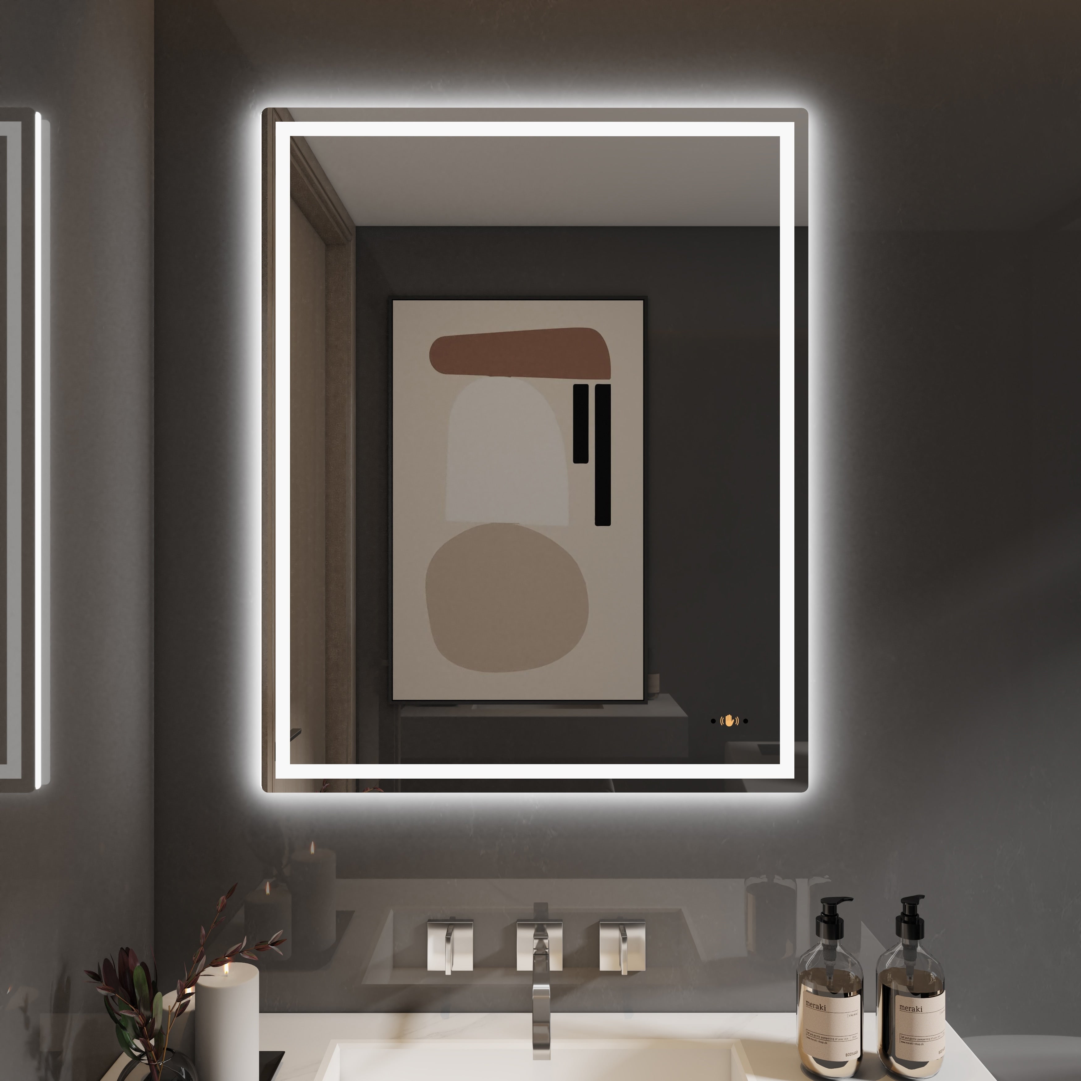 CB HOME Lighted Bathroom Vanity Mirror, LED Wall Mounted Mirror, Gesture Control Smart Lighted Mirror, Dimmable, Frameless