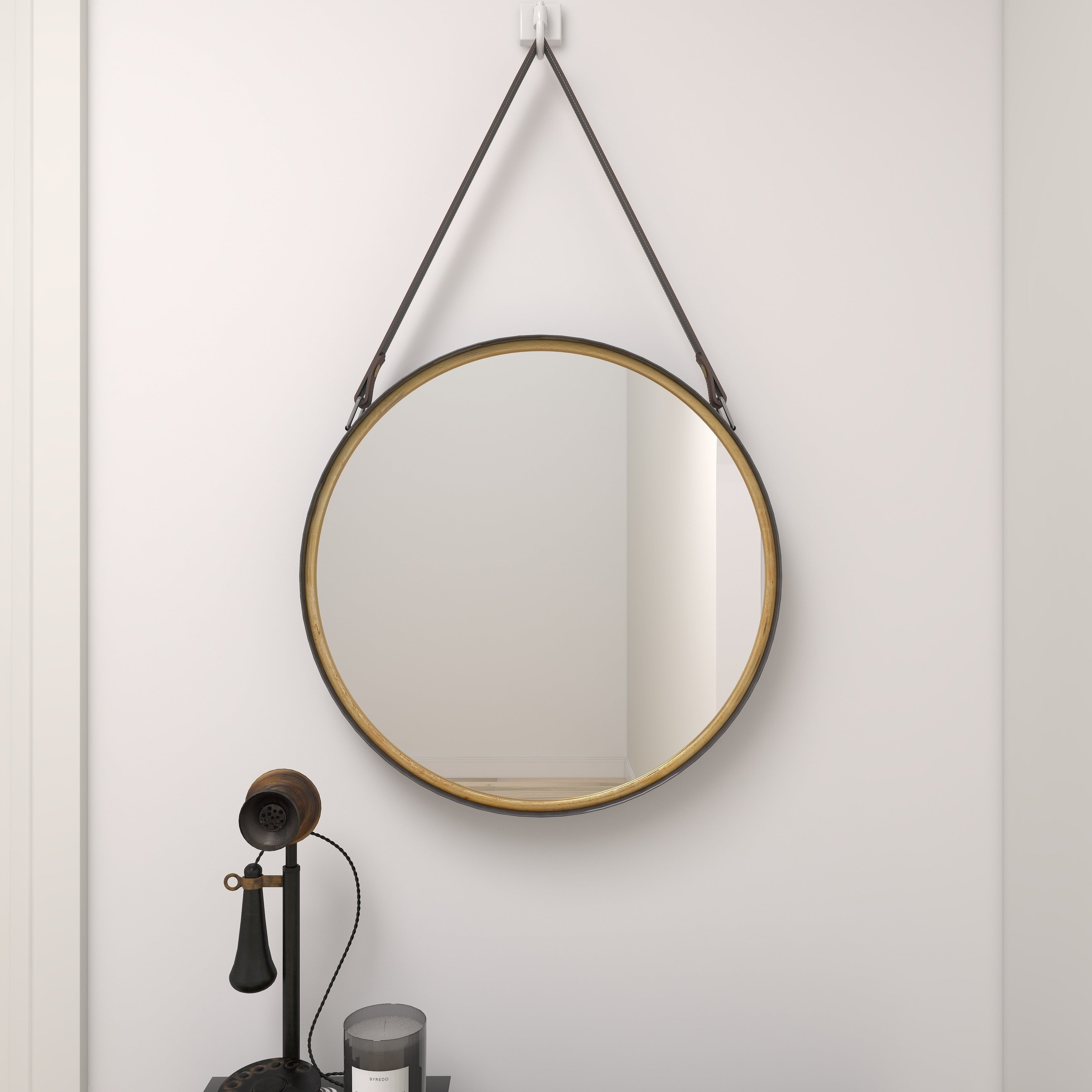 Gold Metal Room Wall Mirror with Leather Strap