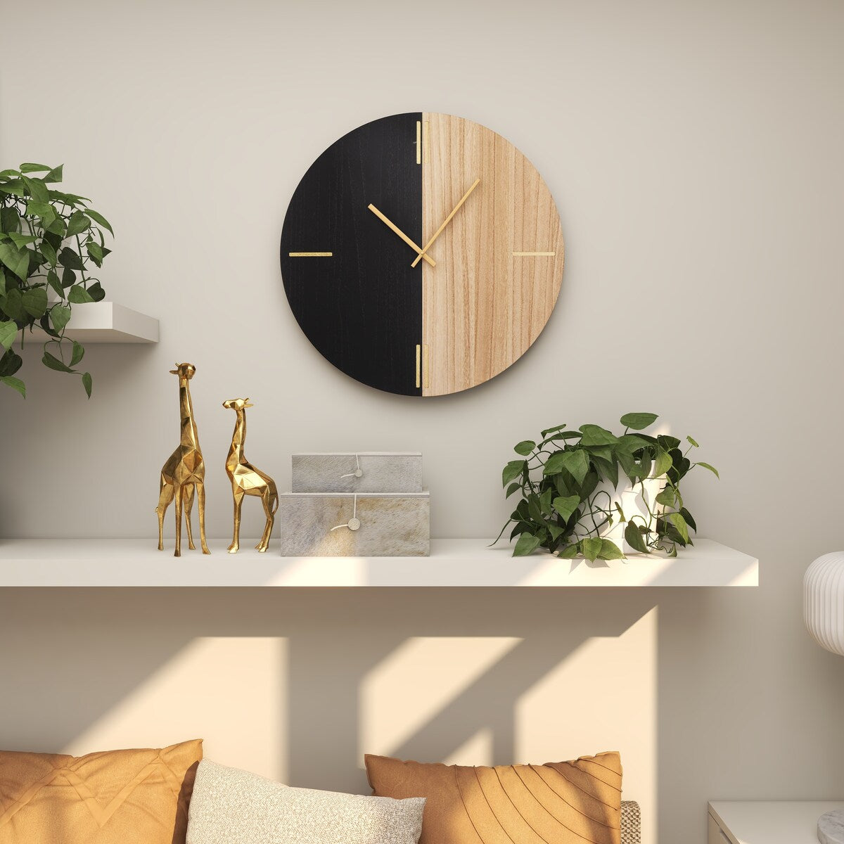 Wooden Round Decorative Wall Clock with Marble Side - Black or Brown - CosmoLiving by Cosmopolitan