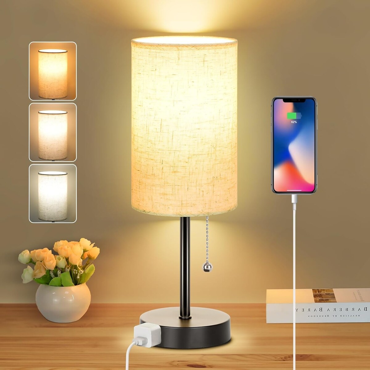 Table Lamp for Bedroom, 3-Color Bedside Lamps with Pull Chain, Bedroom Table Lamps for Nightstand, Bulb Included