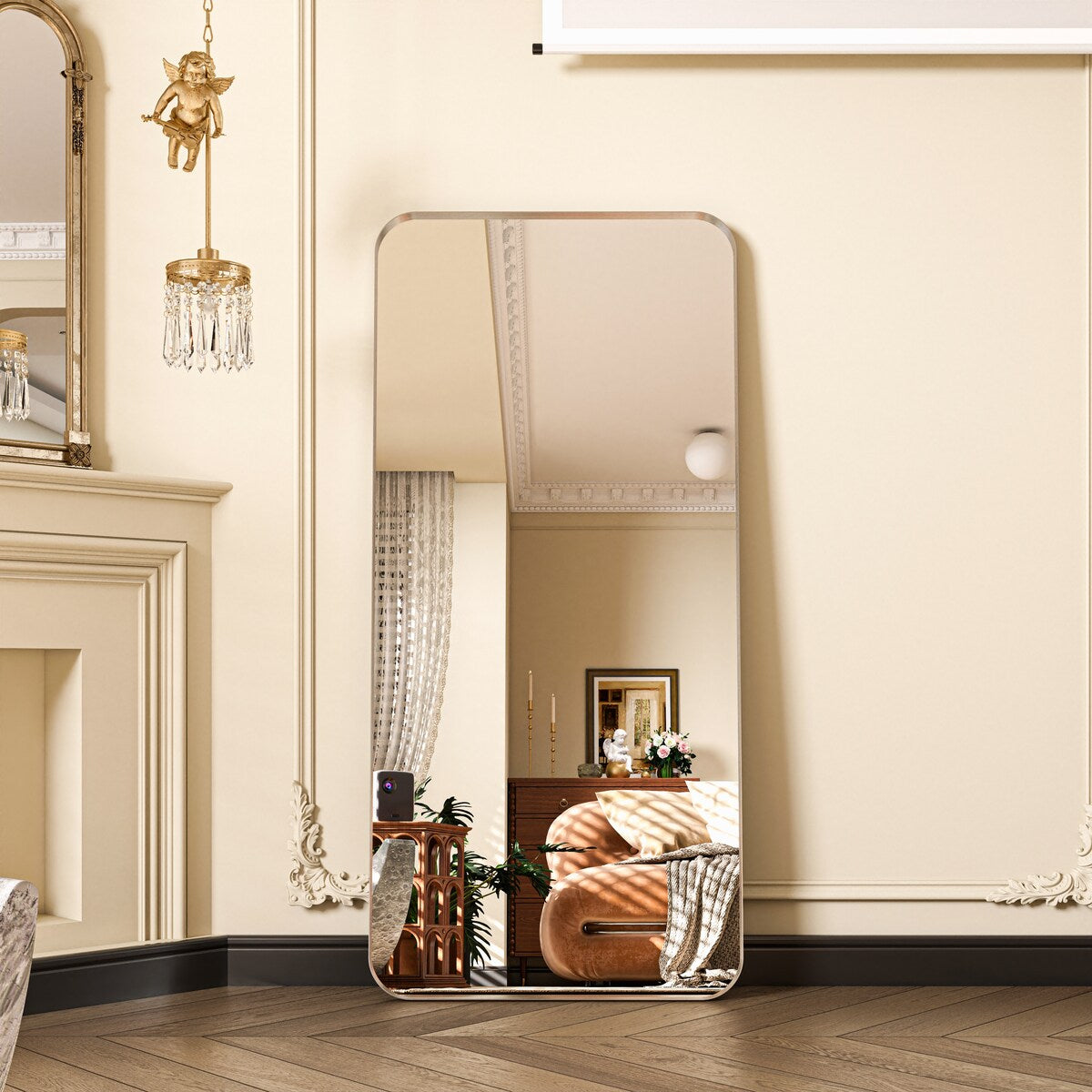 Organnice Rectangular Modern Silver/Gold Aluminum Framed Wall-mounted Full Length Mirror