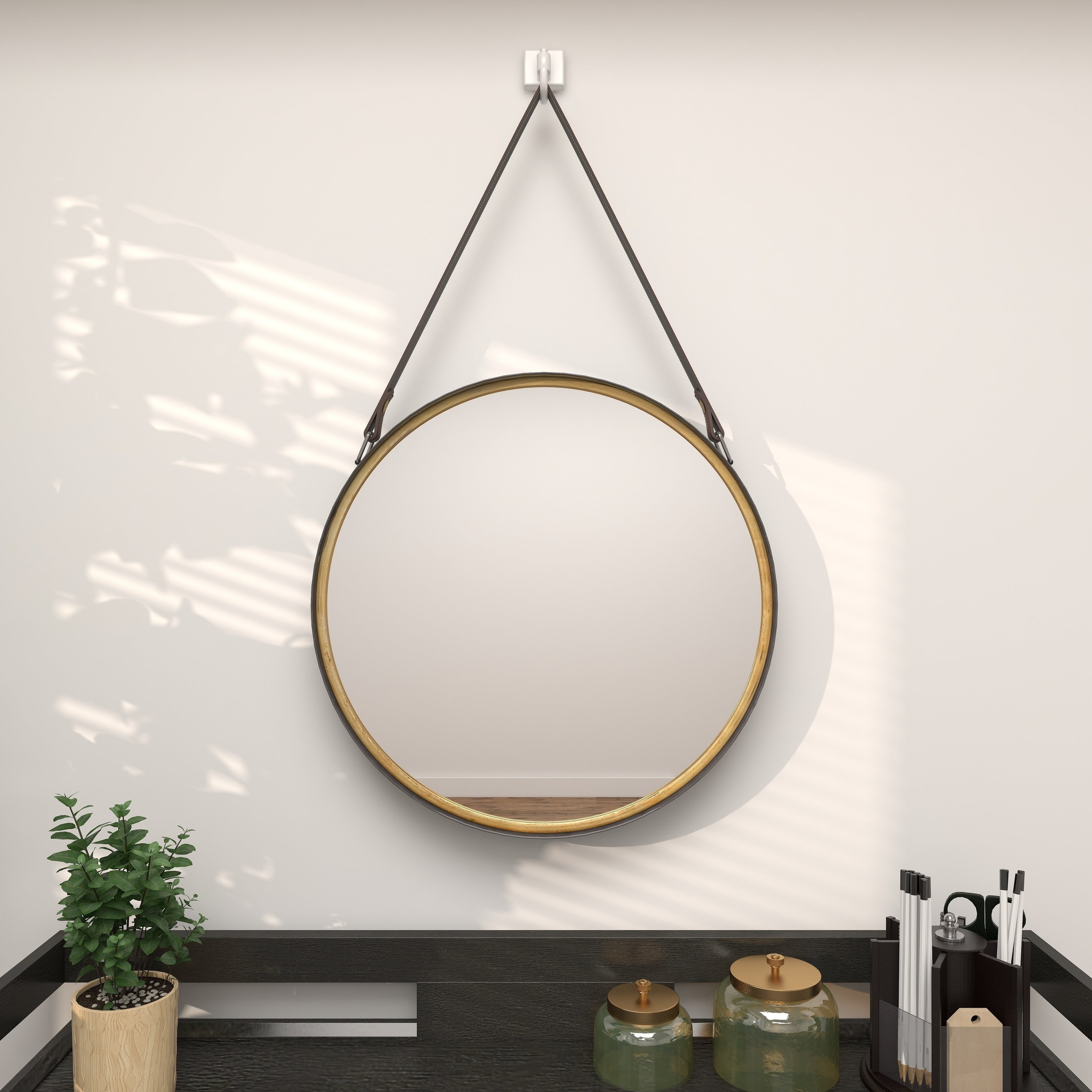 Gold Metal Room Wall Mirror with Leather Strap