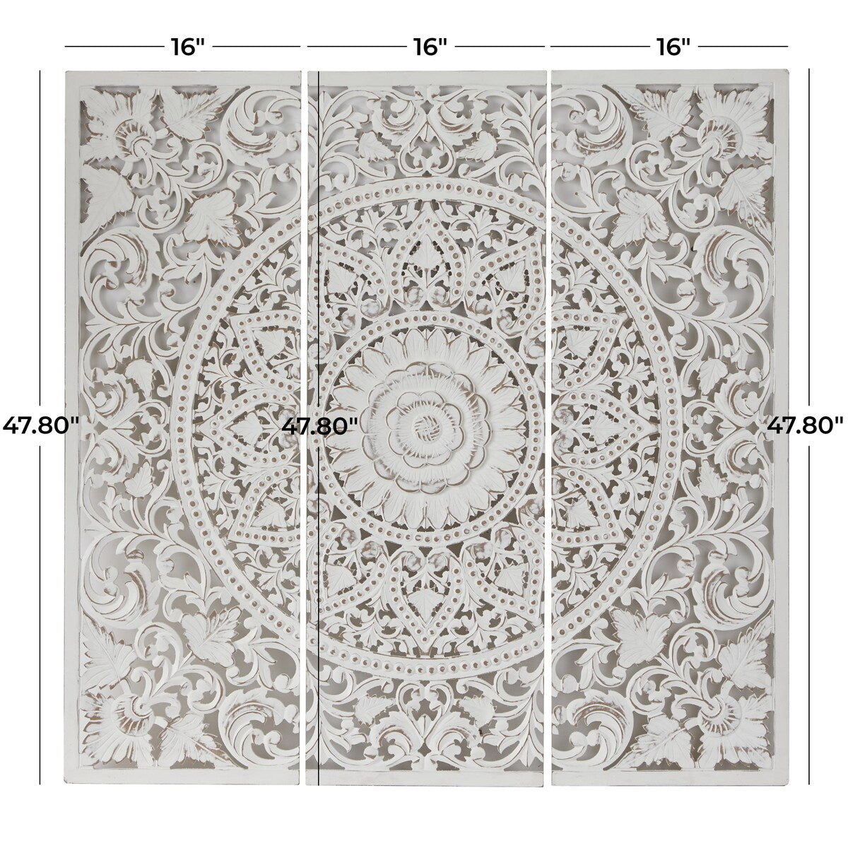 Wooden Floral Handmade Intricately Carved Home Wall Decor with Mandala Design - Set of 3 White - Roche River Decor