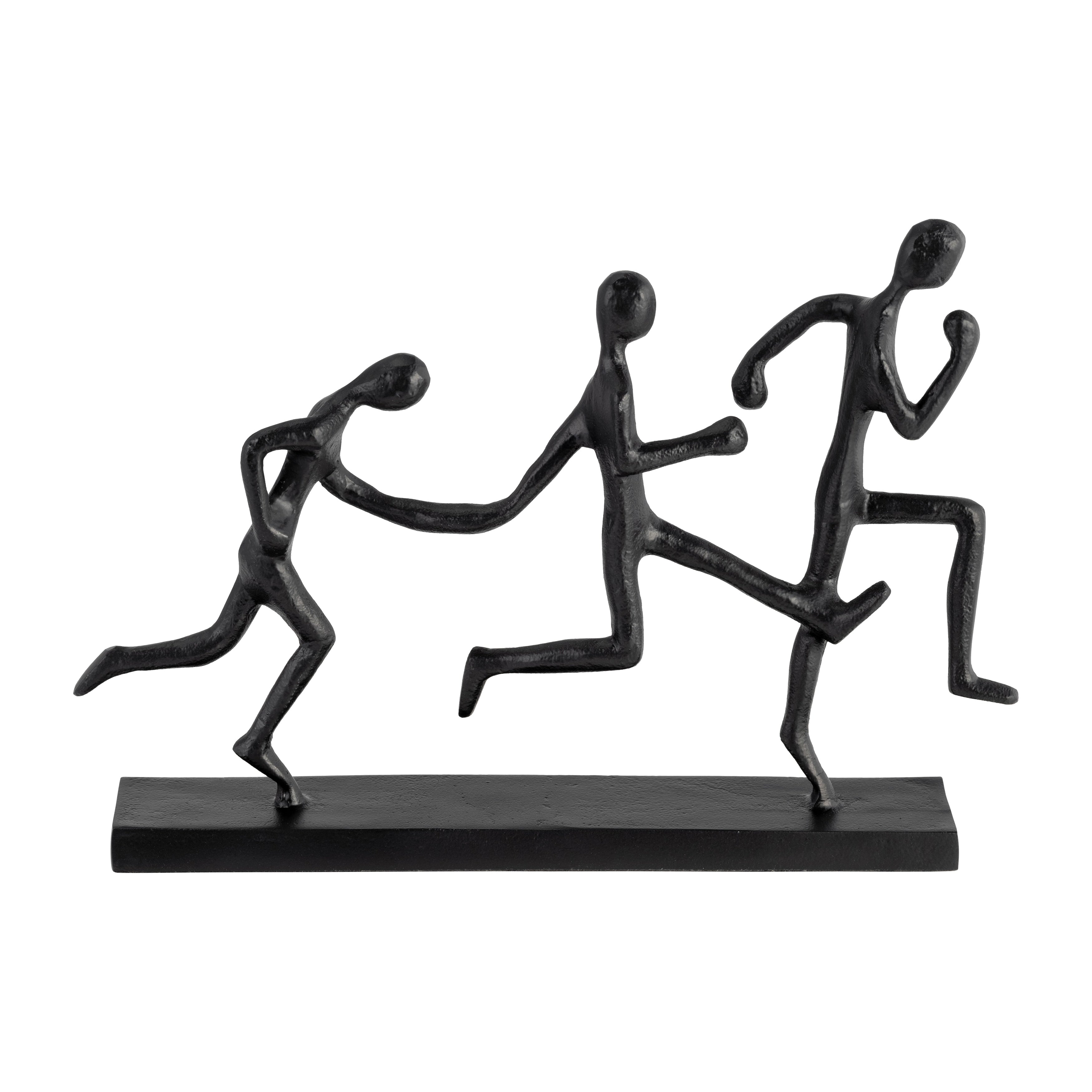 13Lx3Wx9H, Metal Three-man Running Sculpture, Black Finish, Wood Base, Decorative Sculpture for Table Decor or Shelf