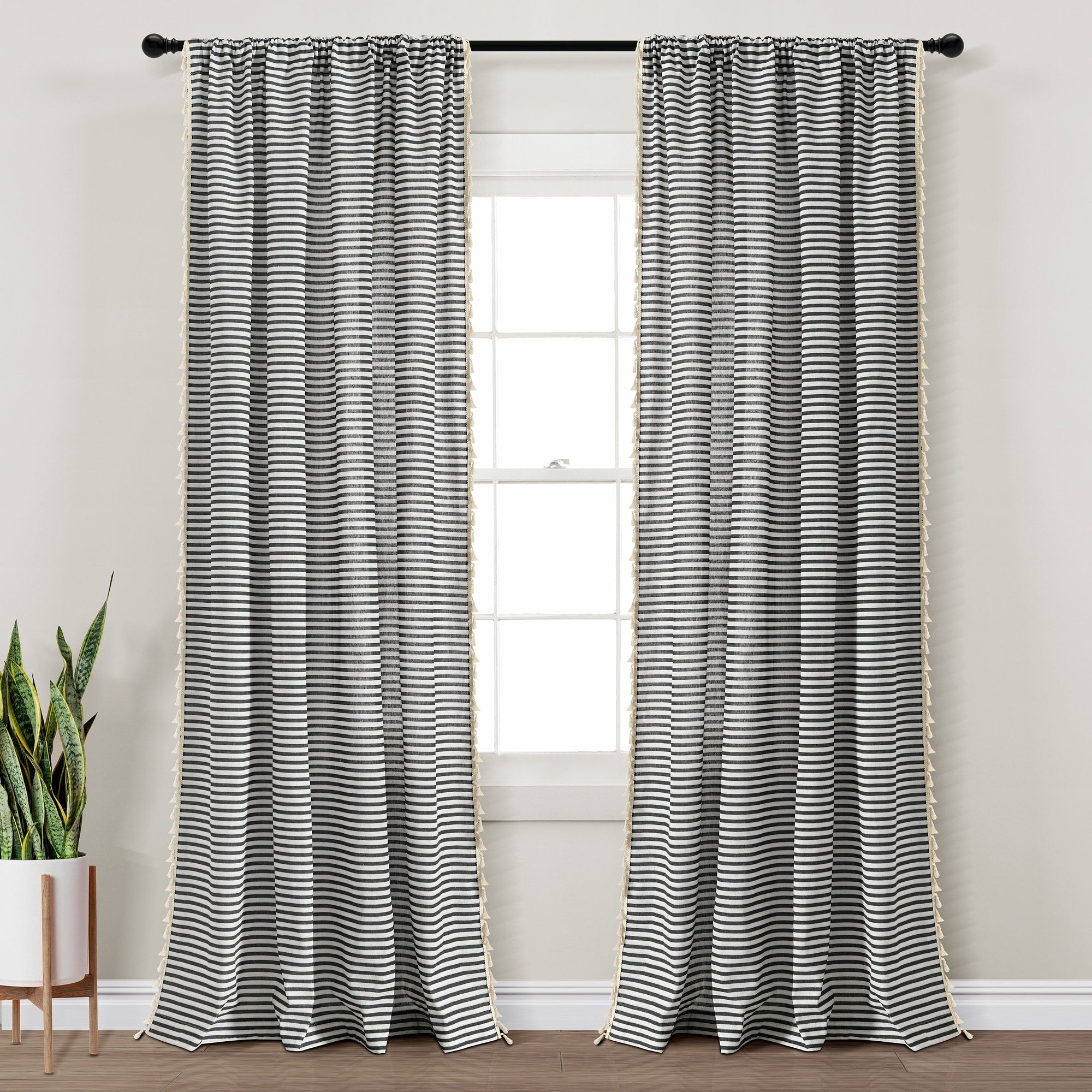 Lush Decor Boho Coastal Horizontal Ticking Stripe Tassel Window Curtain Panels