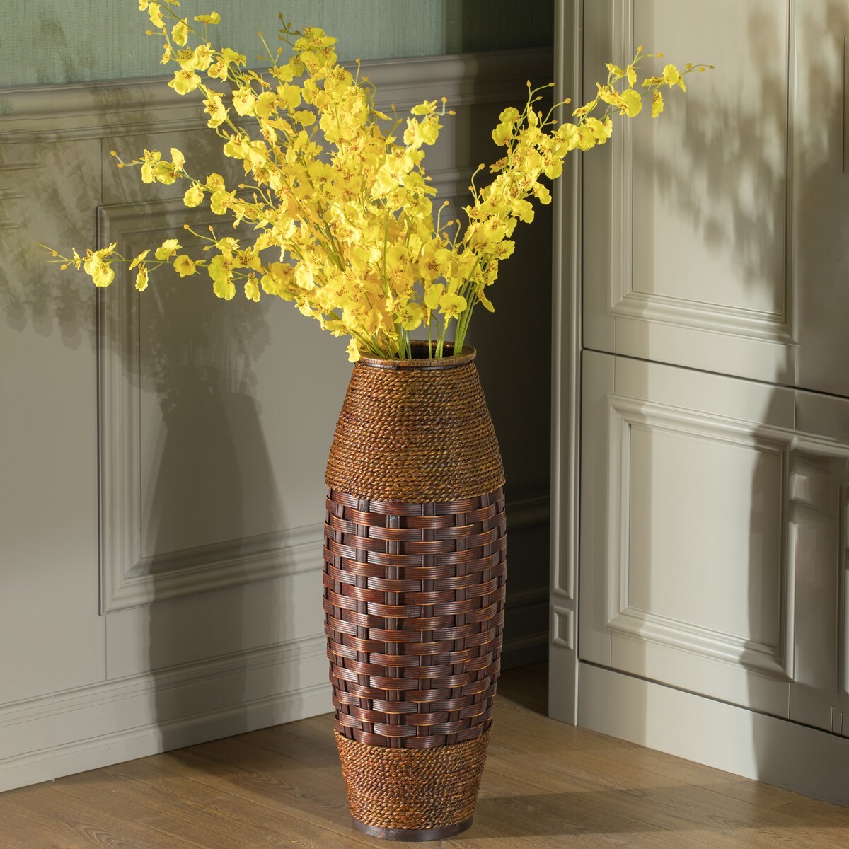 Antique Cylinder Style Floor Vase For Entryway or Living Room, Bamboo Rope, Brown 26 Tall