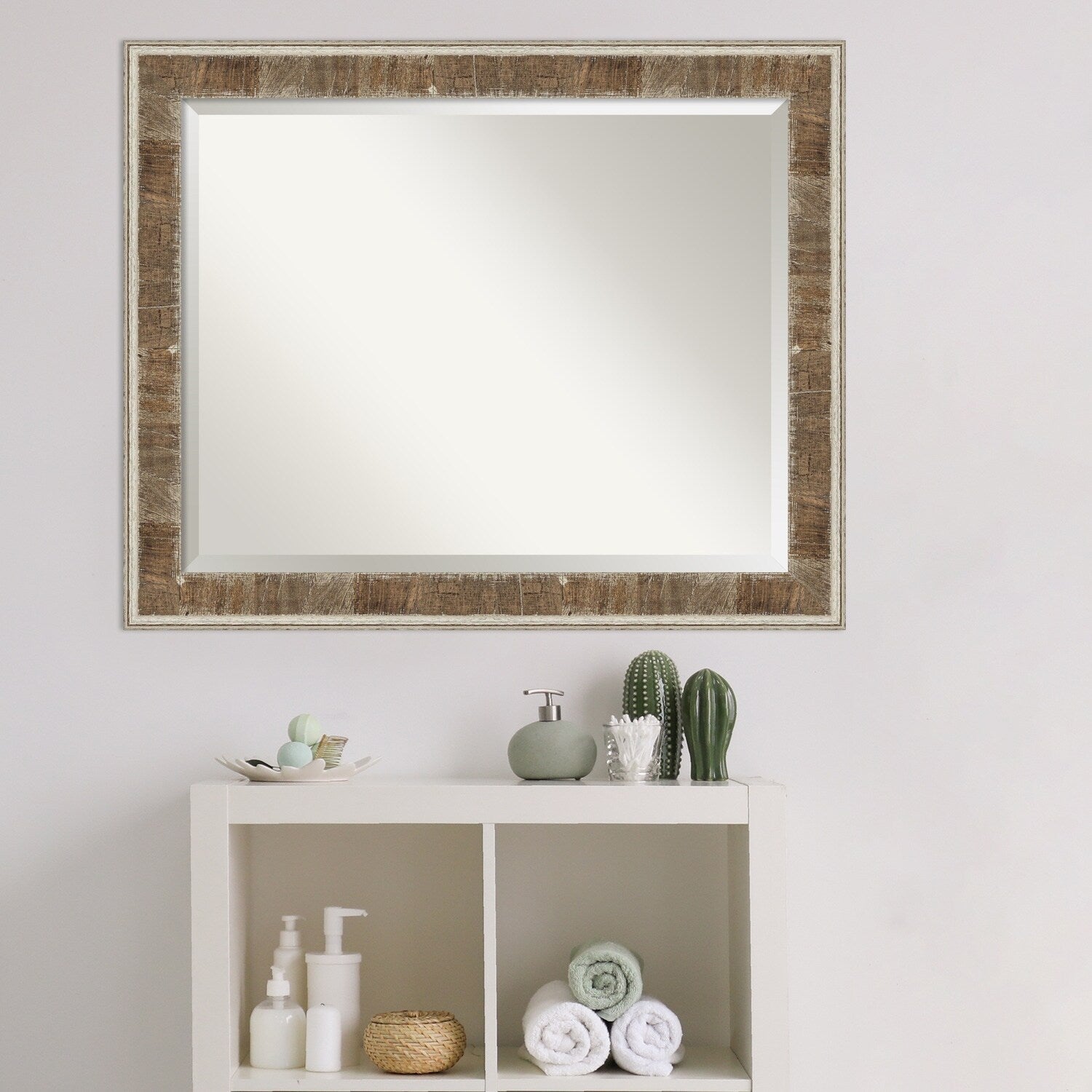 Beveled Wood Bathroom Wall Mirror - Farmhouse Brown Narrow Frame