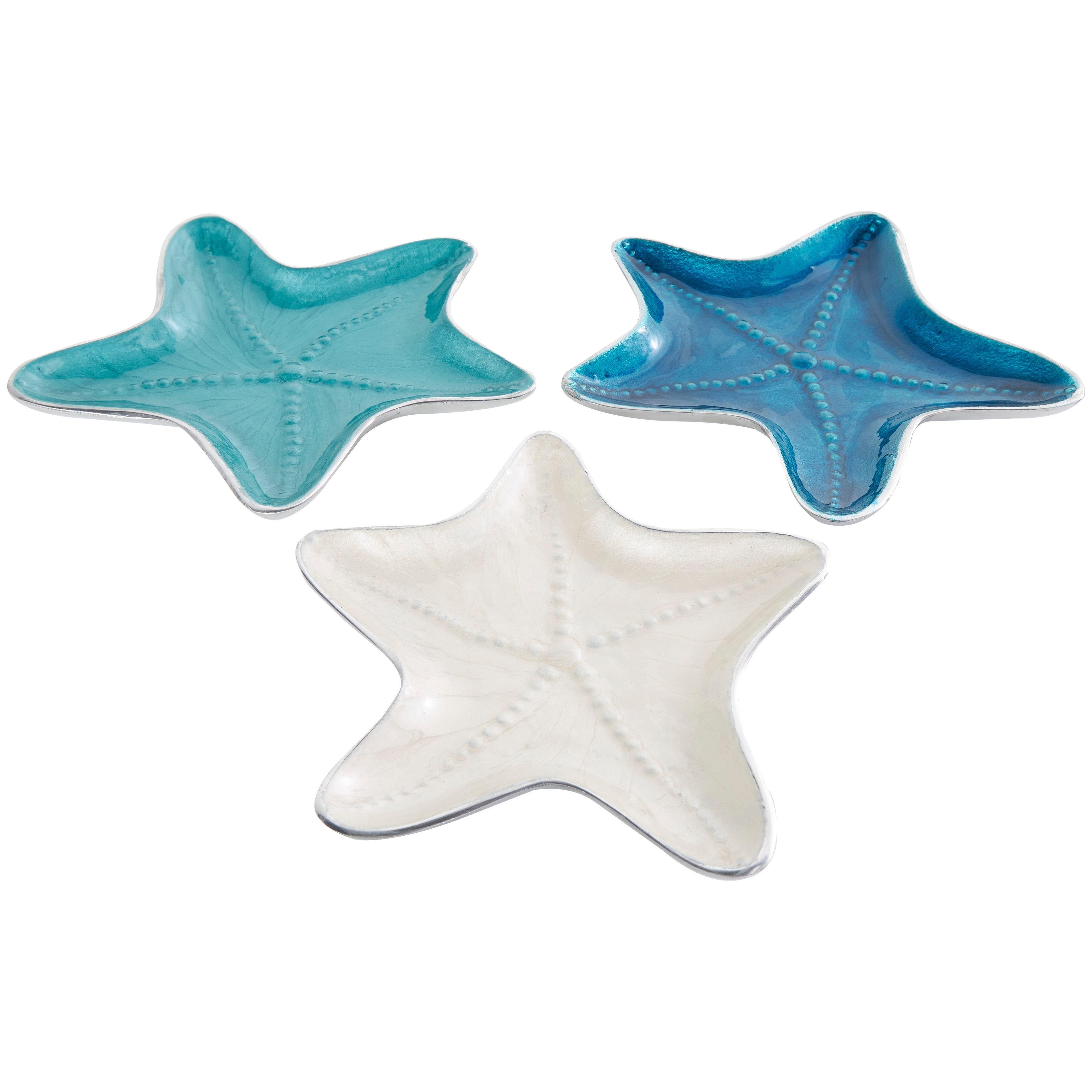 Multi Colored Aluminum Metal Handmade Enameled Starfish Decorative Bowl with Bubble Design and Silver Bases (Set of 3)