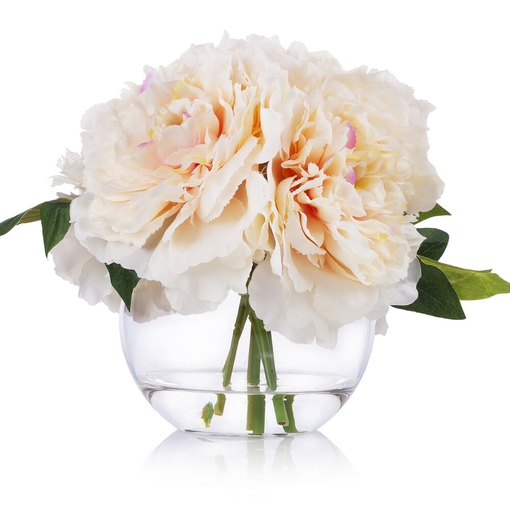 Enova Home 5 Heads Large Artificial Silk Peony Fake Flowers Arrangement in Clear Glass Vase with Faux Water for Home Decoration