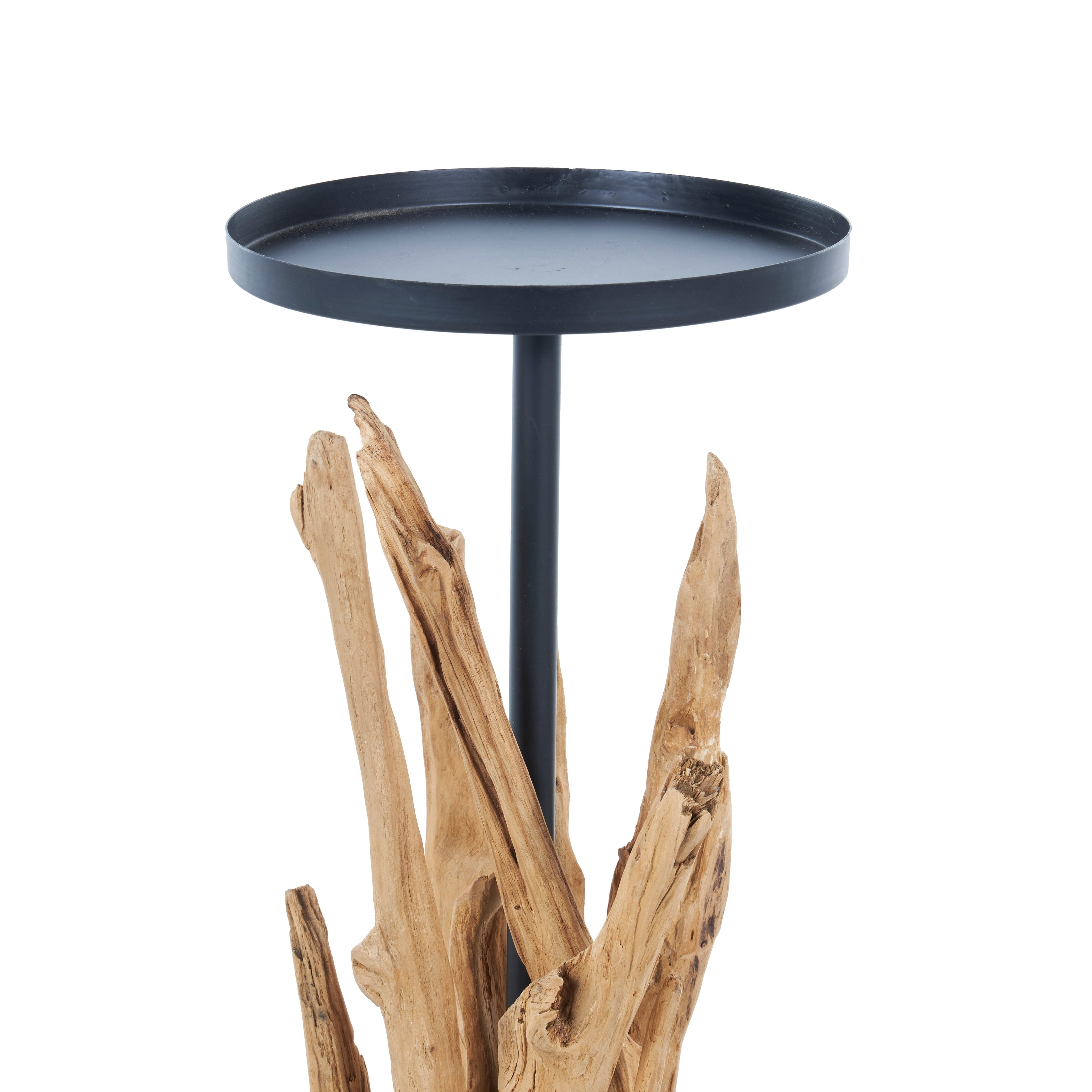 Brown Teak Wood Handmade Tall Tree Branch Floor Candle Holder with Black Metal Accents