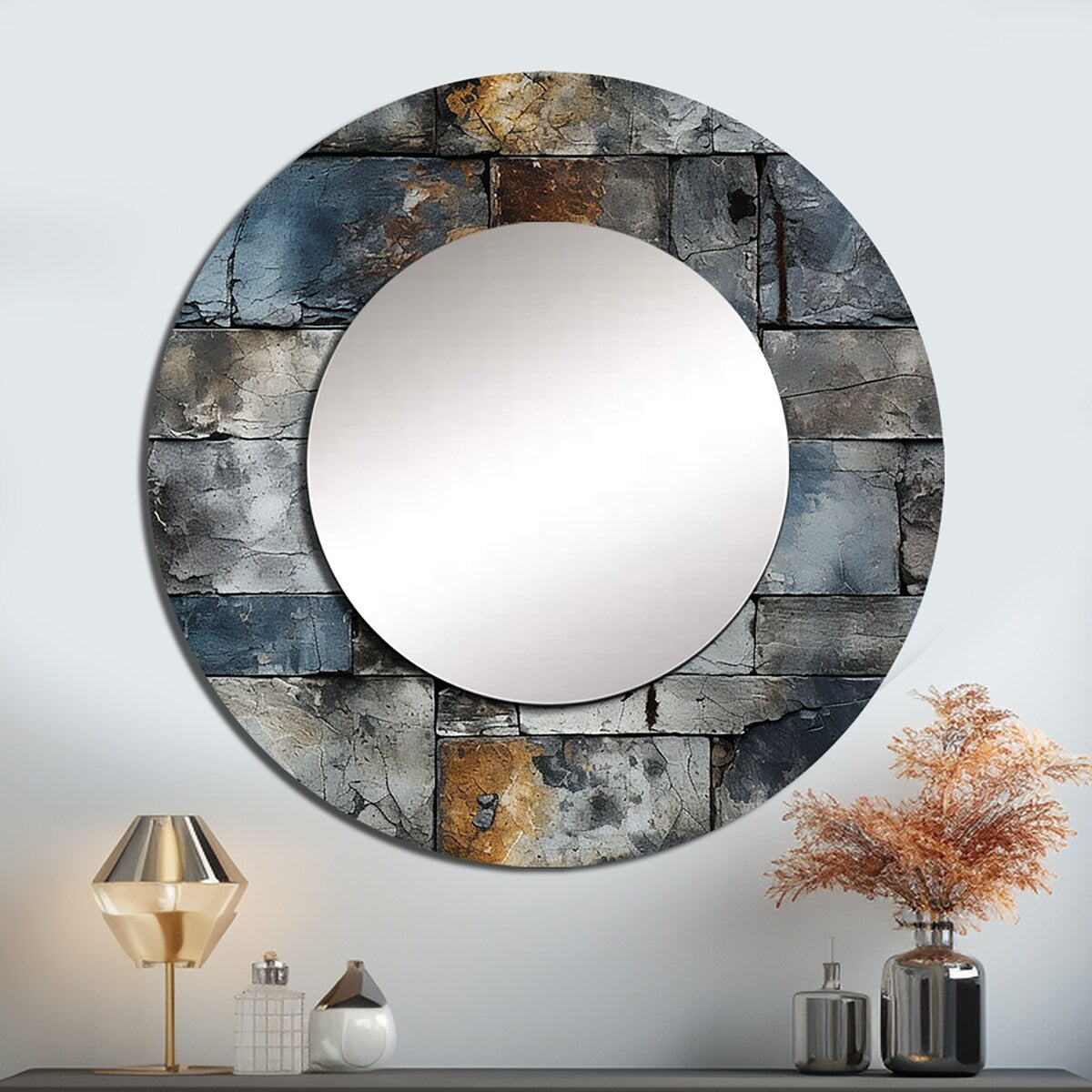 Designart Industrial Concrete Wall Illusion Graphic Print Round Bathroom Mirror - Grey Modern Round Wall Décor