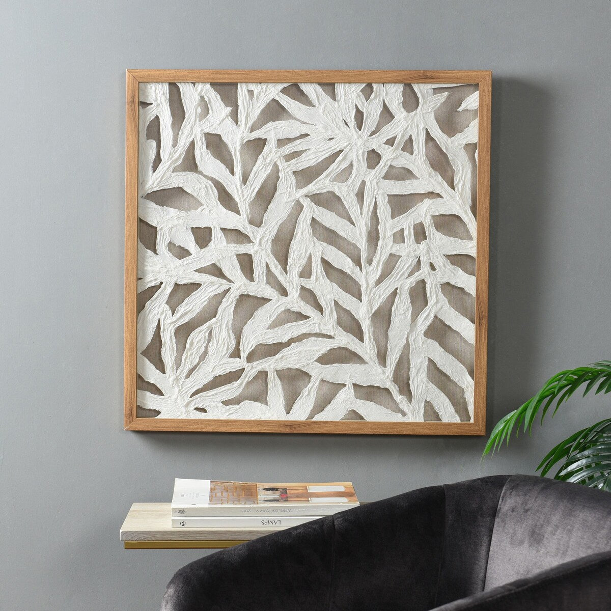 Palm Leaf Shadow Box I - Textured Rice Paper Wall Art - Natural Wood Frame