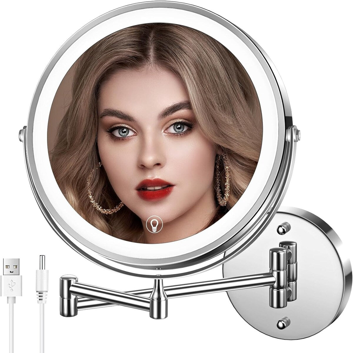 8 Rechargeable Double-Sided Magnifying Mirror, 3 Colors Led Vanity Mirror, 360° Rotation Foldable Light up Mirror - 8 inch