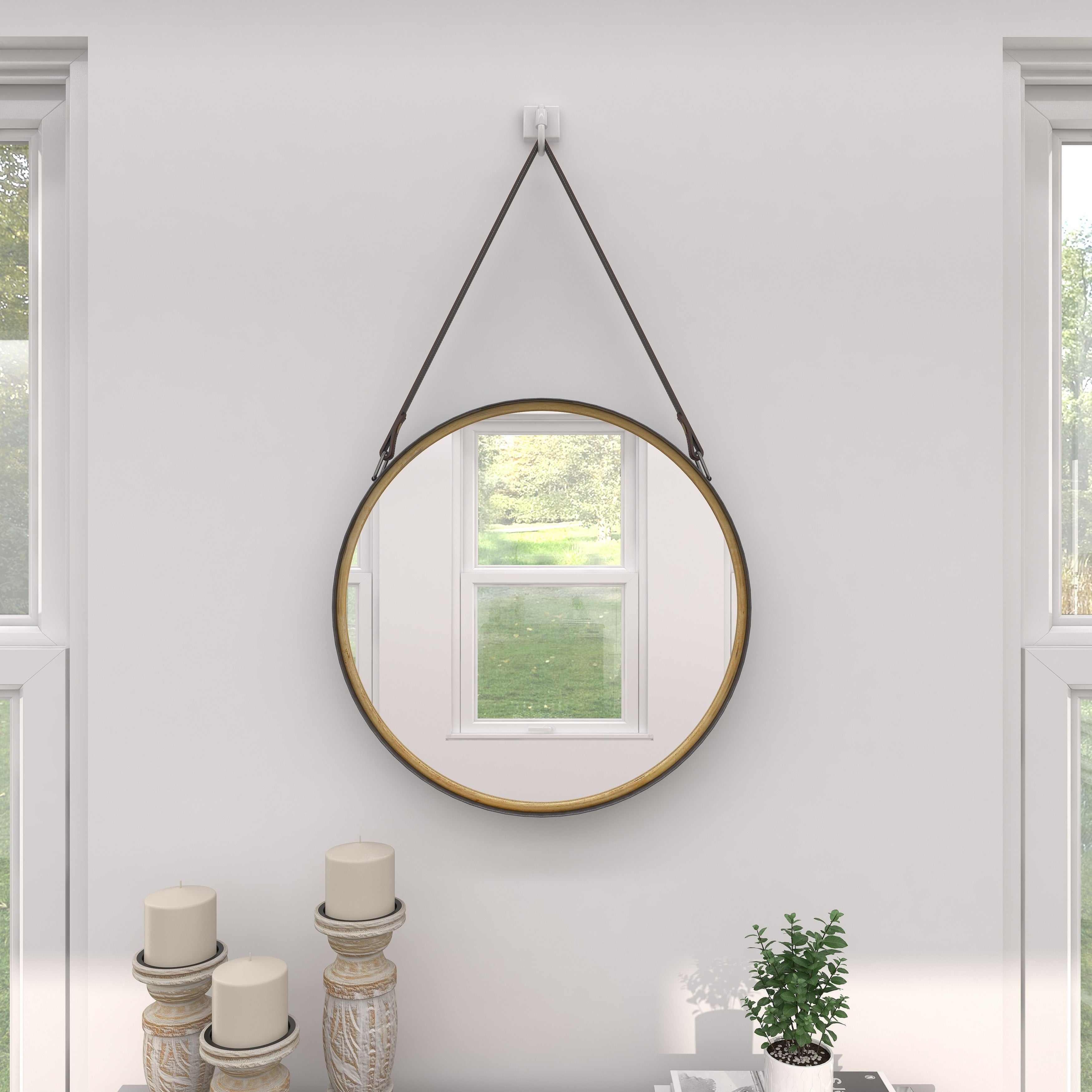 Gold Metal Room Wall Mirror with Leather Strap