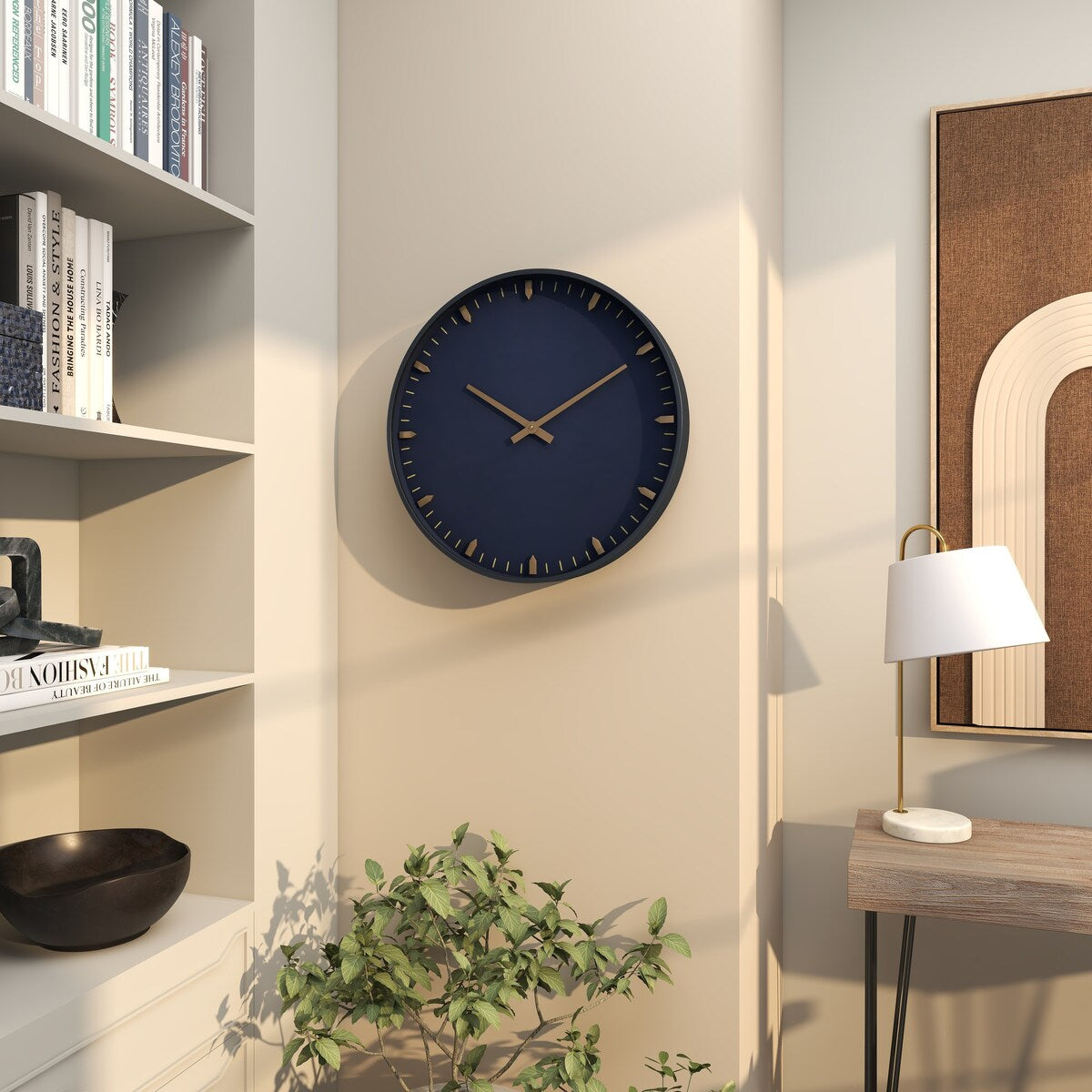 Glass or Plastic Decorative Wall Clock with Gold or Black Accents - Dark Blue, Gold, Black - Roche River Decor