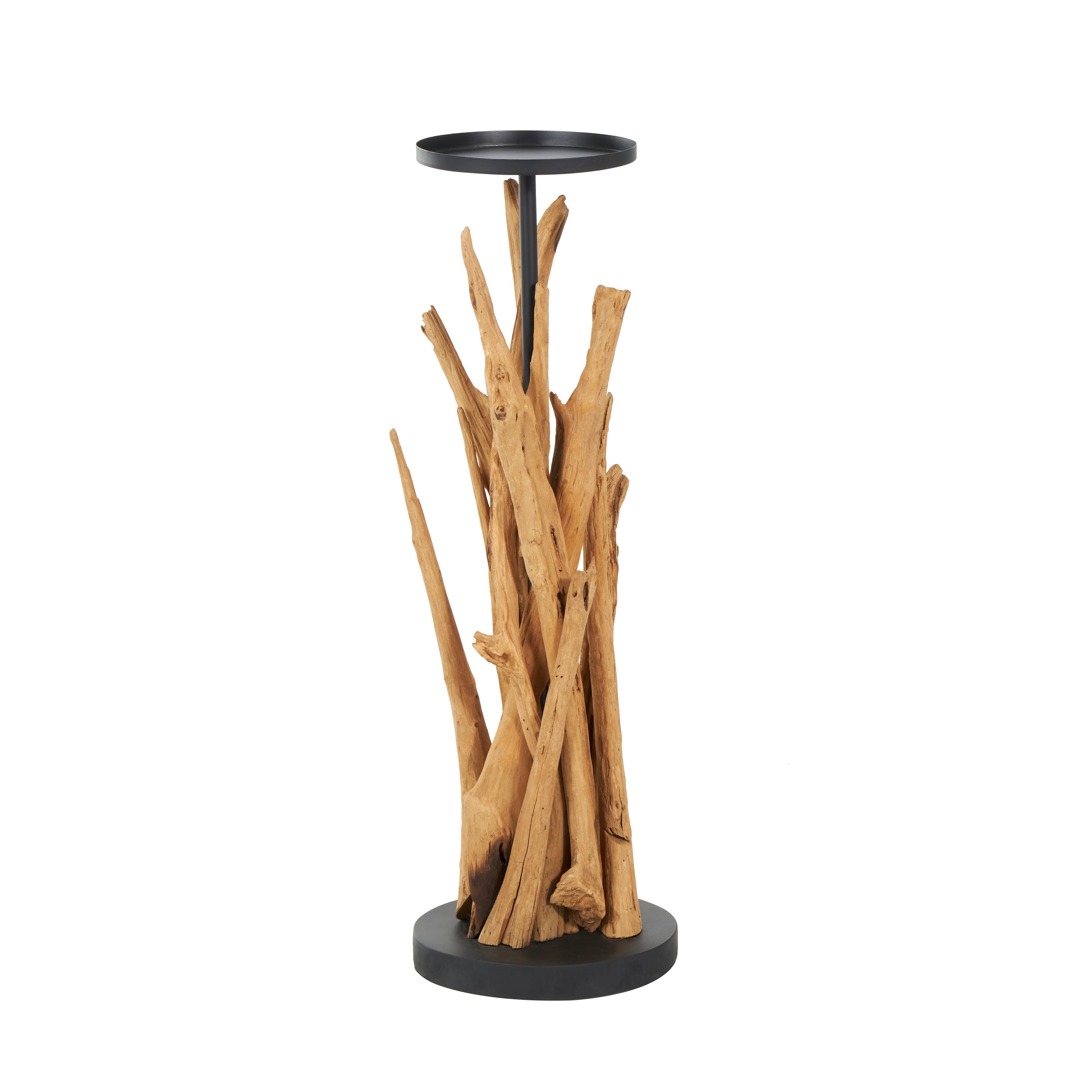 Brown Teak Wood Handmade Tall Tree Branch Floor Candle Holder with Black Metal Accents