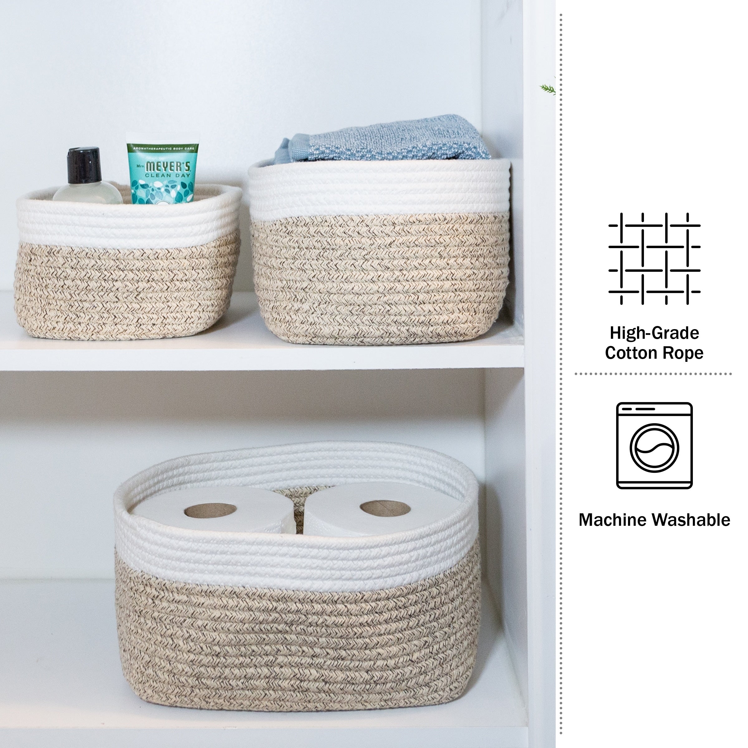 3-Piece Storage Basket Set - Small, Medium, and Large Rope Baskets by Home-Complete