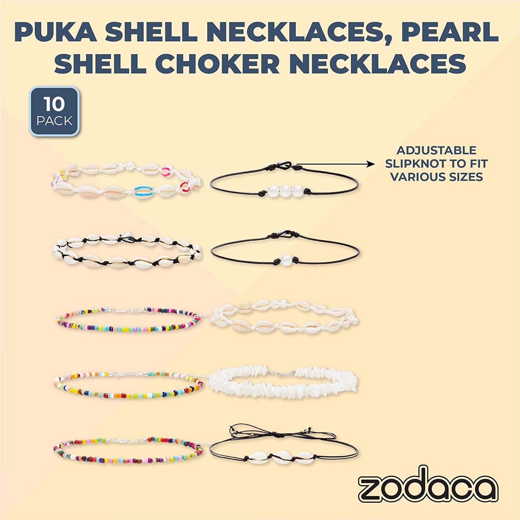 Puka Shell Necklaces, Pearl Shell Choker Necklaces for Women (10-Pack)