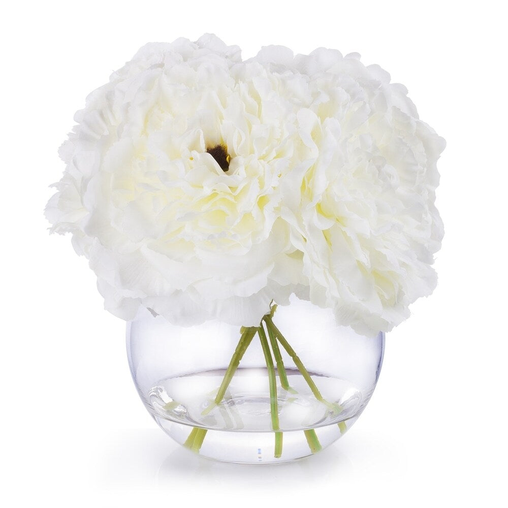 Enova Home 5 Heads Large Artificial Silk Peony Fake Flowers Arrangement in Clear Glass Vase with Faux Water for Home Decoration