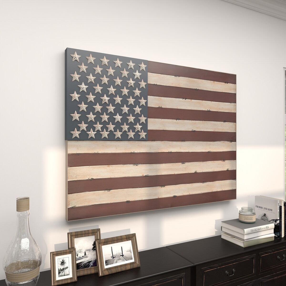 Metal American Flag Indoor Outdoor Home Wall Decor - Red - Roche River Decor