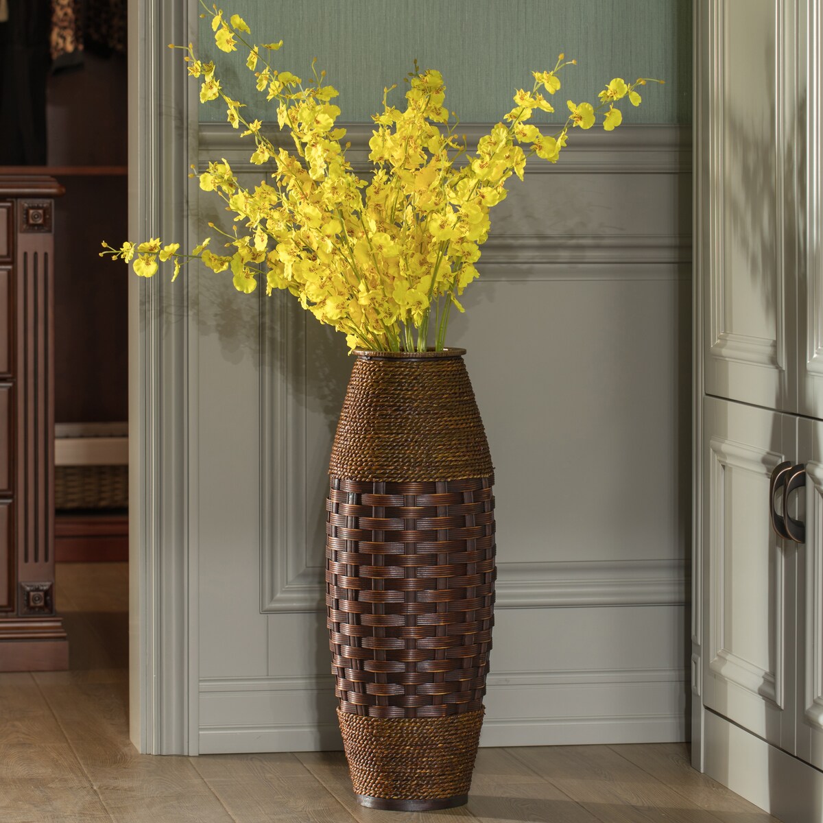 Antique Cylinder Style Floor Vase For Entryway or Living Room, Bamboo Rope, Brown 26 Tall