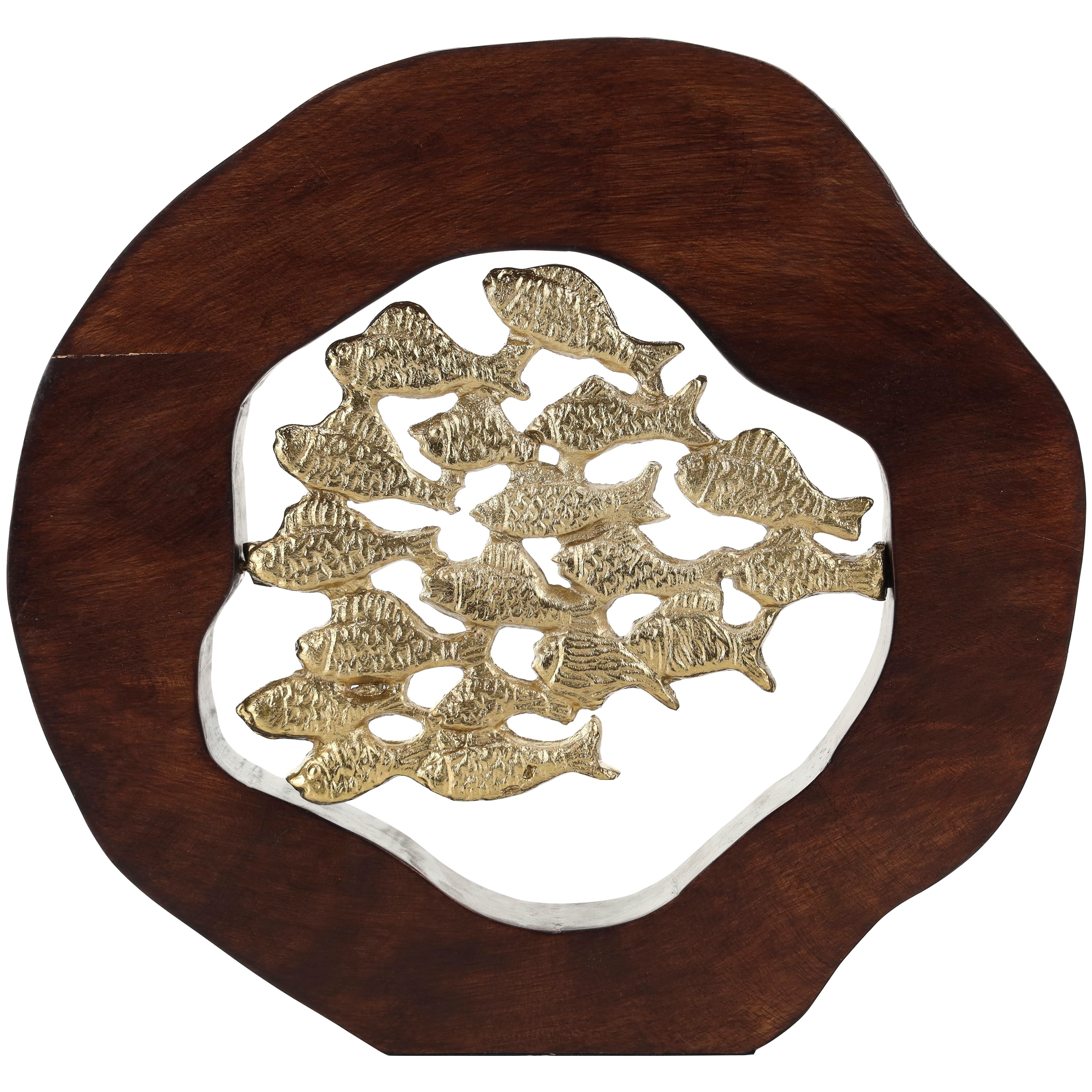 Gold Aluminum Metal Fish Decorative Sculpture with Brown Wooden Frame