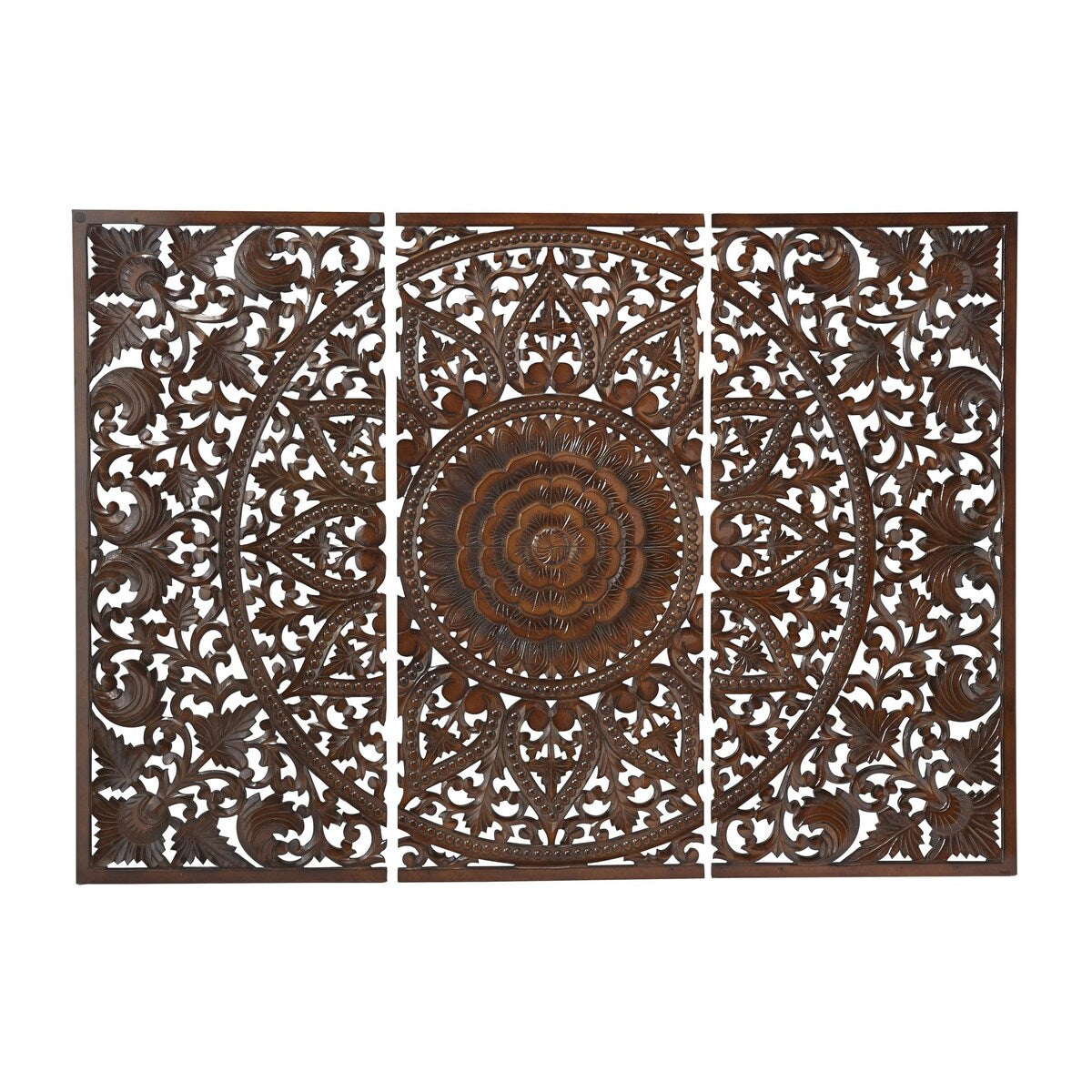 Wooden Floral Handmade Intricately Carved Home Wall Decor with Mandala Design - Set of 3 Brown - Roche River Decor