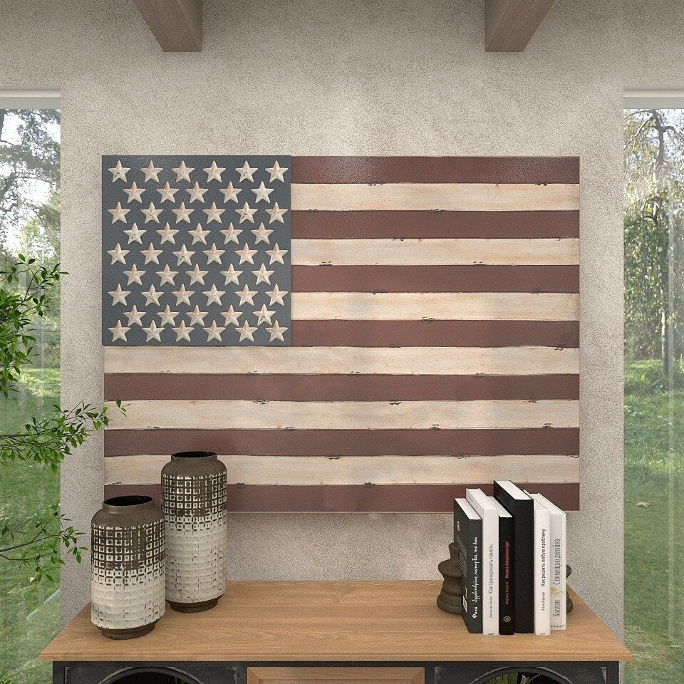 Metal American Flag Indoor Outdoor Home Wall Decor - Red - Roche River Decor