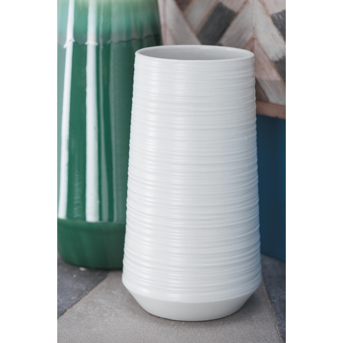 Porcelain Ceramic Ribbed Decorative Vase - White - CosmoLiving by Cosmopolitan