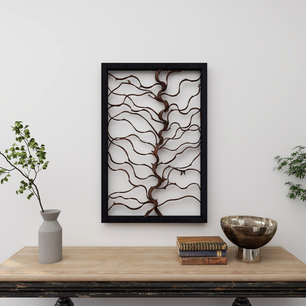 Wood Tree Branch Home Wall Decor with Black Frame - Brown - Roche River Decor