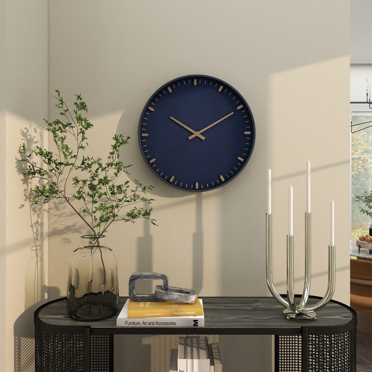 Glass or Plastic Decorative Wall Clock with Gold or Black Accents - Dark Blue, Gold, Black - Roche River Decor