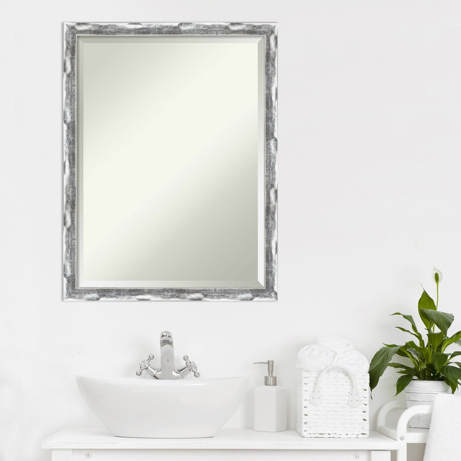 Beveled Bathroom Wall Mirror - Scratched Wave Chrome Frame - Scratched Wave Chrome