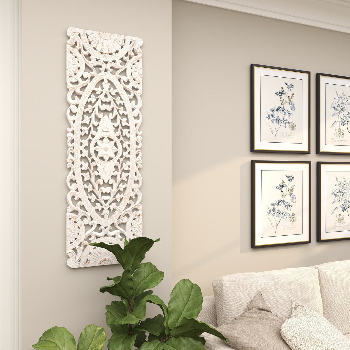 Wooden Floral Handmade Intricately Carved Home Wall Decor - White - Roche River Decor