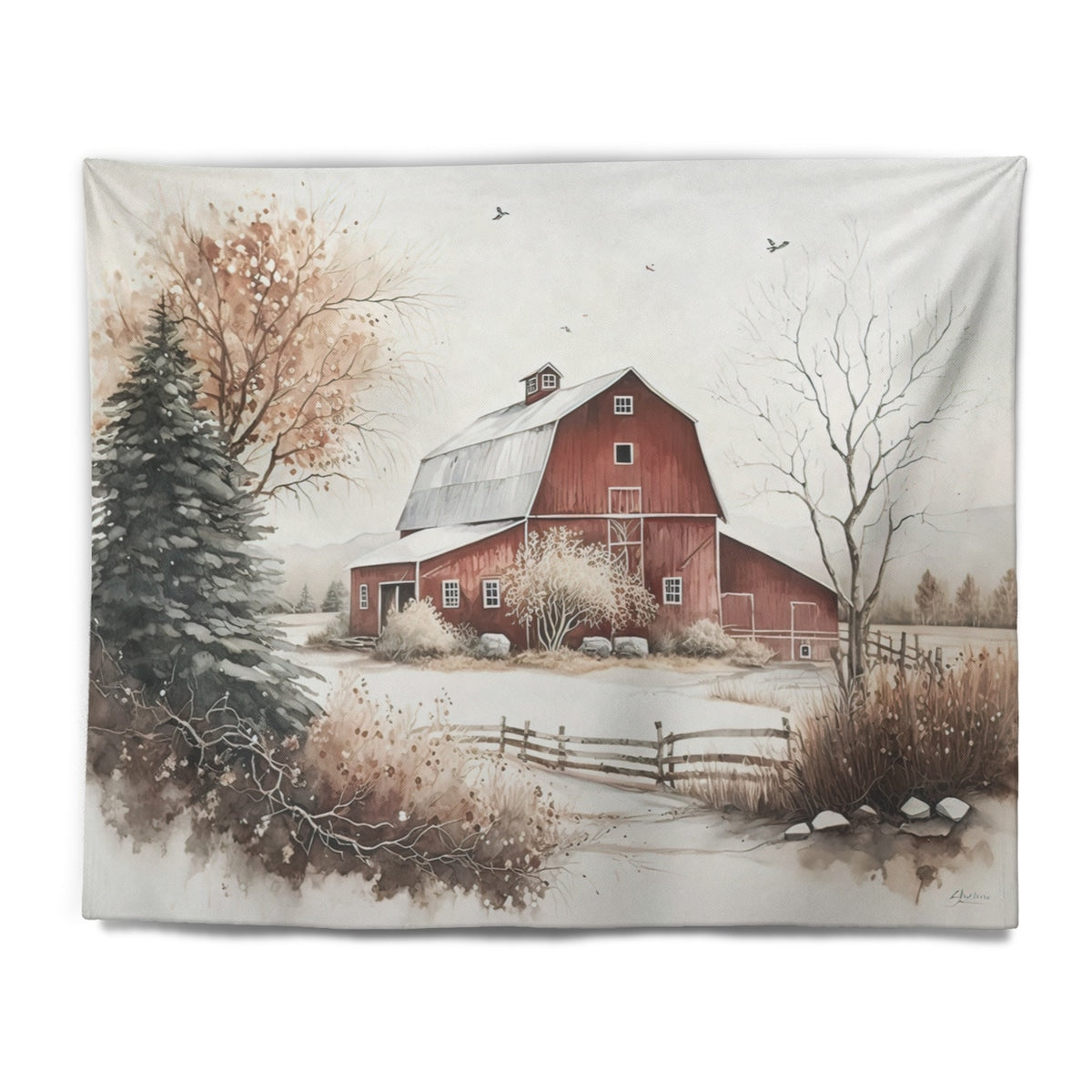 Designart 'Calm Red Barn In Winter I' Barn Landscape Wall Tapestry