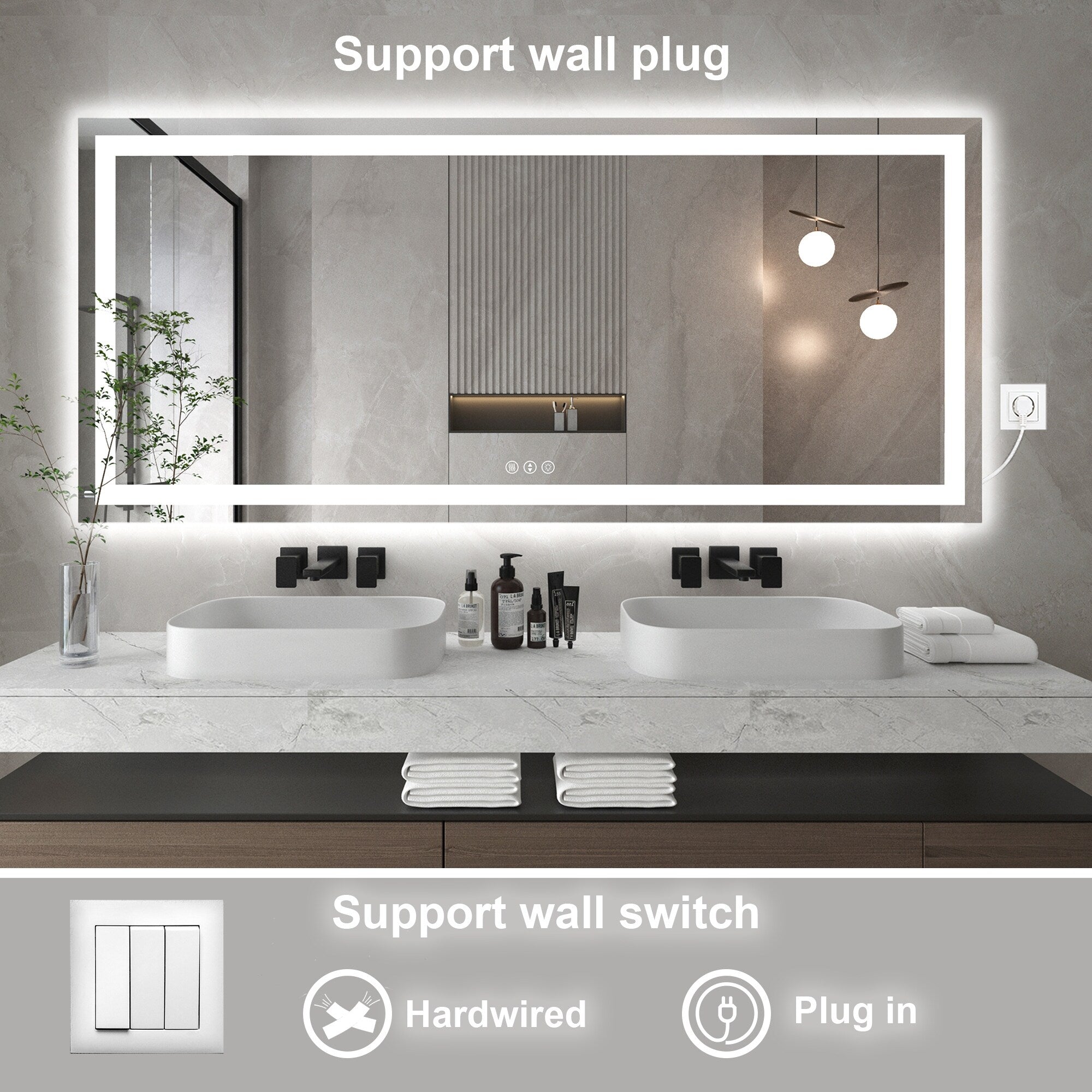 Large Rectangular Frameless Anti-Fog LED Light Wall Mounted Bathroom Vanity Mirror in White - N/A