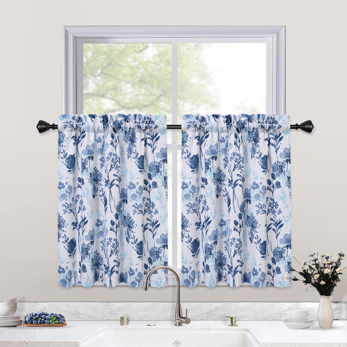 Watercolor Floral Cafe Kitchen Tier Curtains or Valances