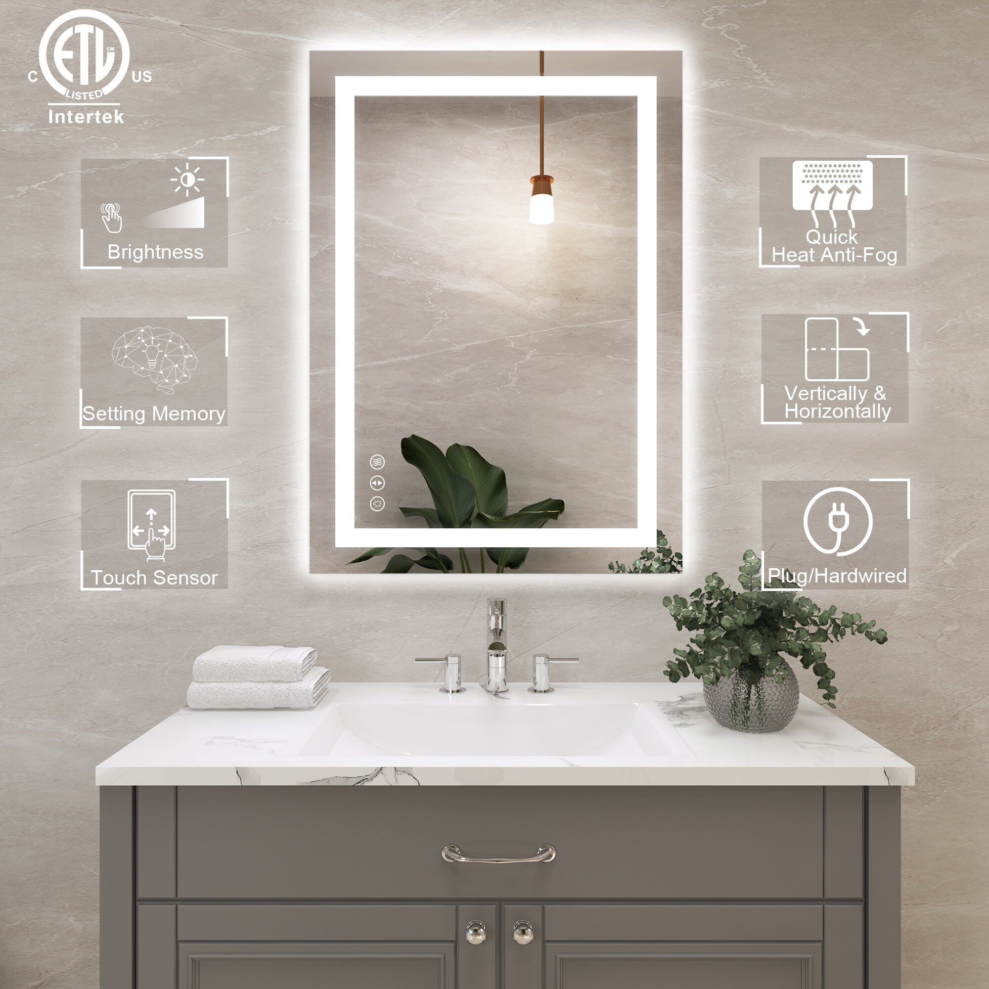 Large Rectangular Frameless Anti-Fog LED Light Wall Mounted Bathroom Vanity Mirror in White - N/A