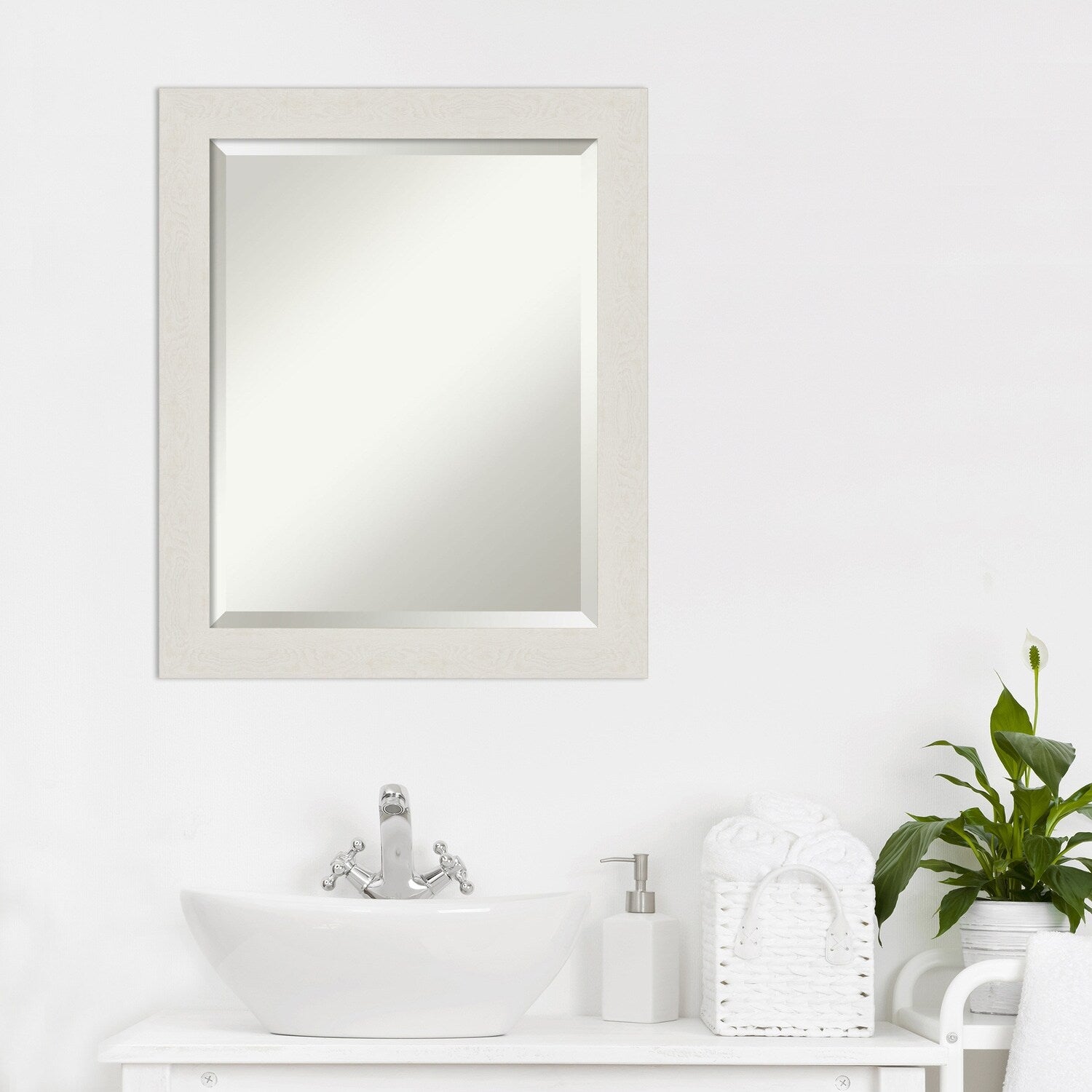 Beveled Bathroom Wall Mirror - Rustic Plank White Narrow Frame