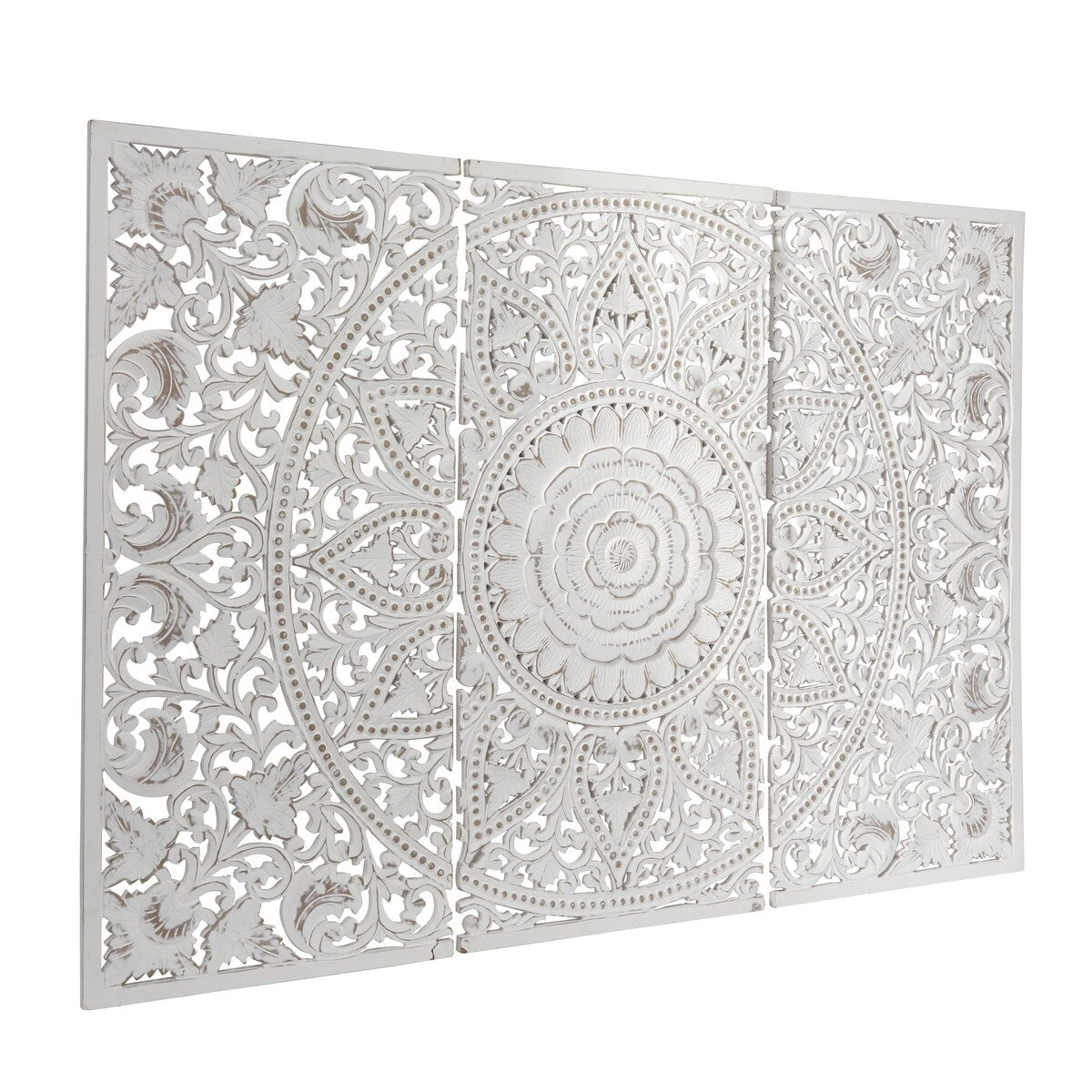 Wooden Floral Handmade Intricately Carved Home Wall Decor with Mandala Design - Set of 3 White - Roche River Decor