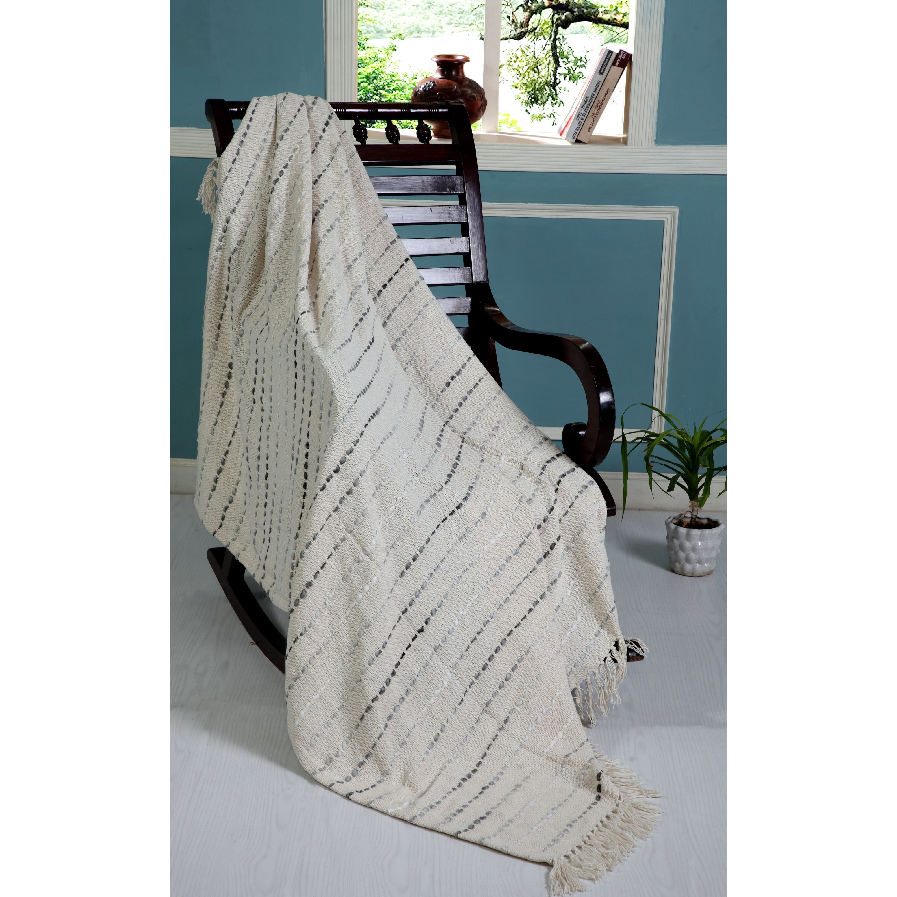 Sevita Hand-Woven Natural Cotton Striped Standard Size Throw Blanket with Fringe