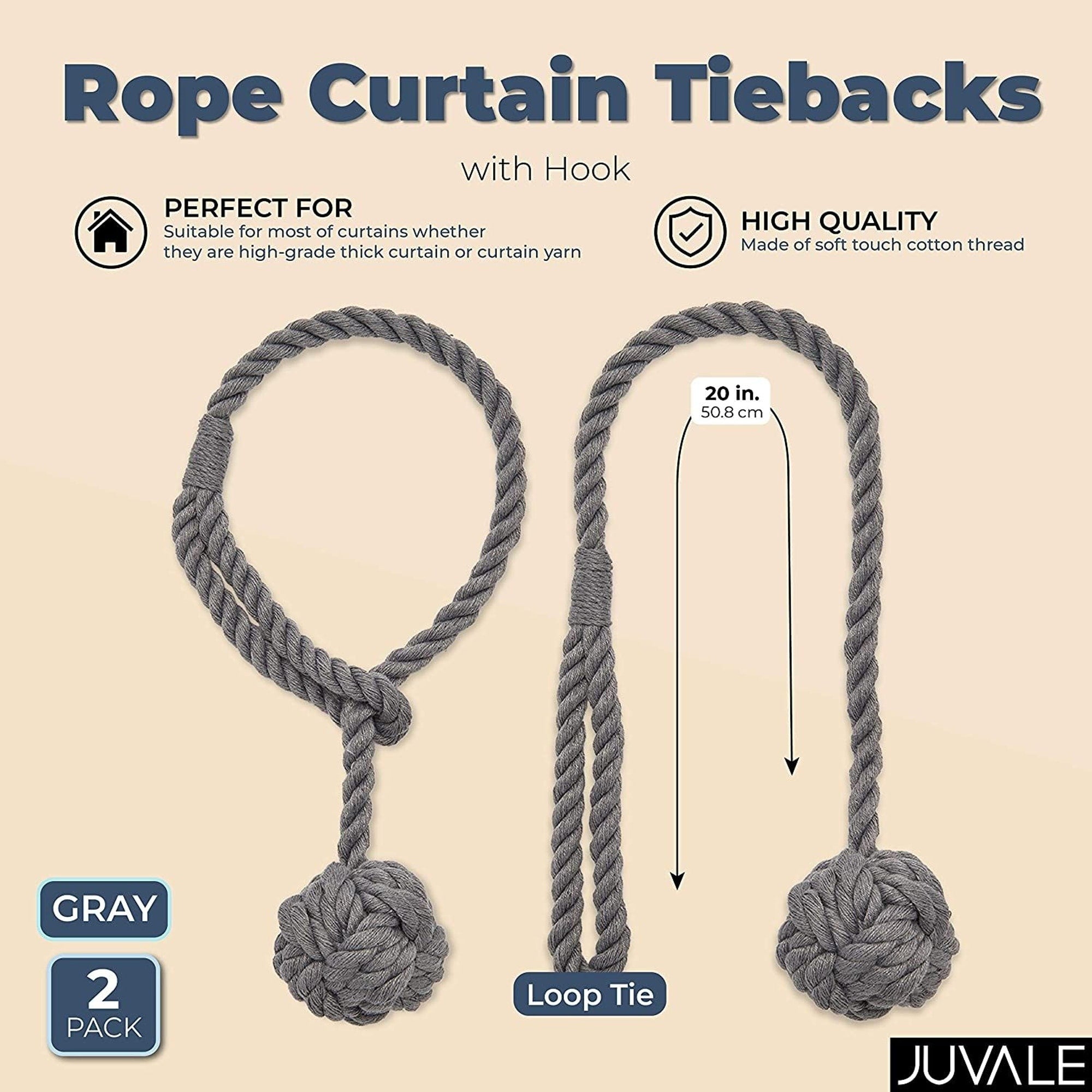 Grey Rope Curtain Tiebacks, Holdbacks for Drapes (20 in, 2 Pack)