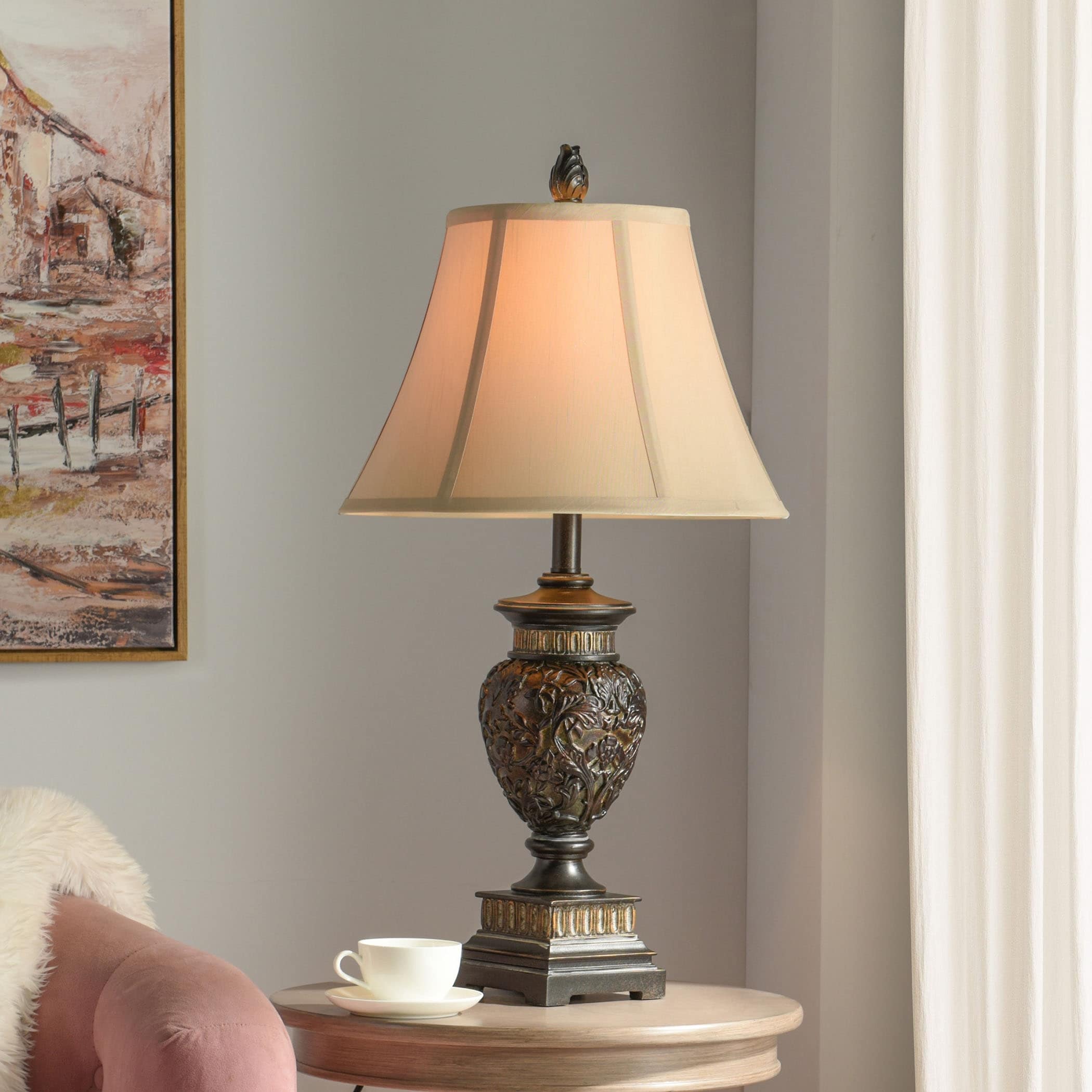 StyleCraft Passo Ambrose Table Lamp - Dark Brown/Bronze Finish - Cream Fabric Shade